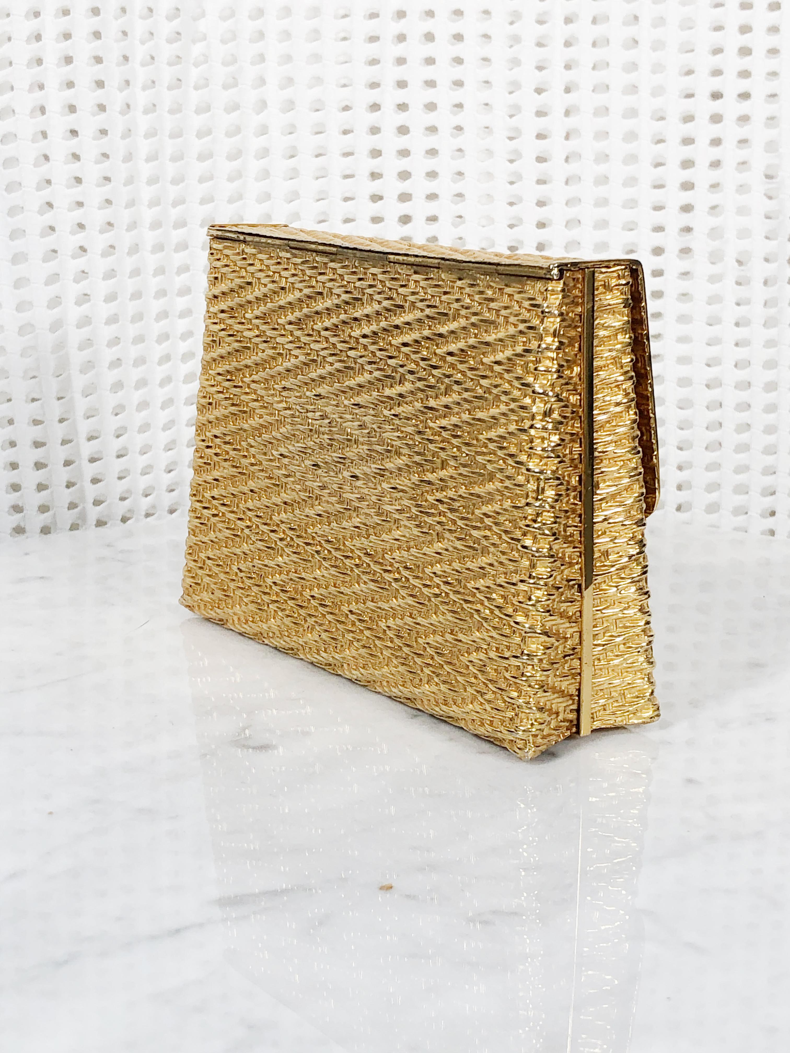 Brown 1960 Gold Metal Basket Weave Textured Evening Box Clutch w/ Mirror