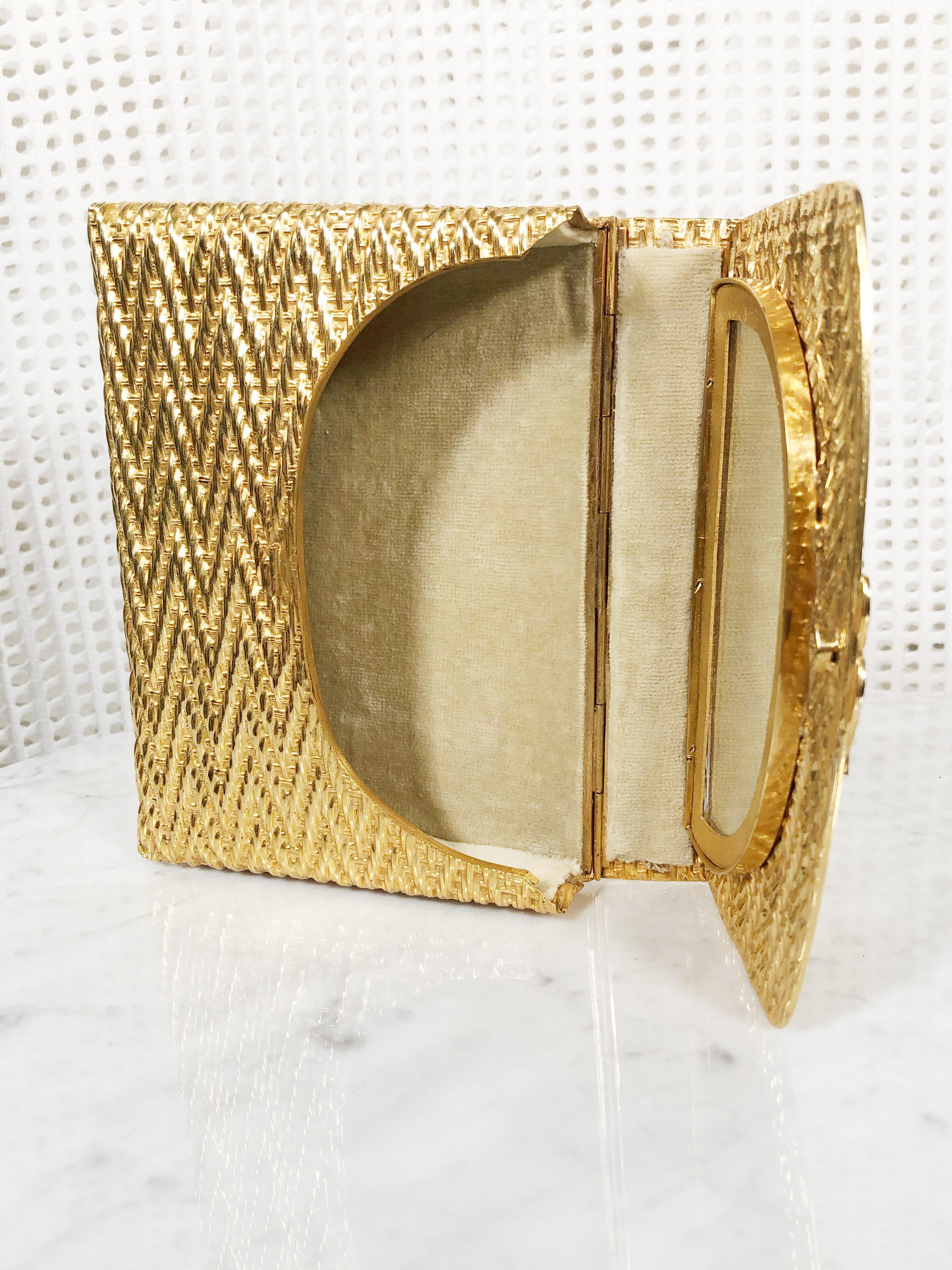 Women's 1960 Gold Metal Basket Weave Textured Evening Box Clutch w/ Mirror