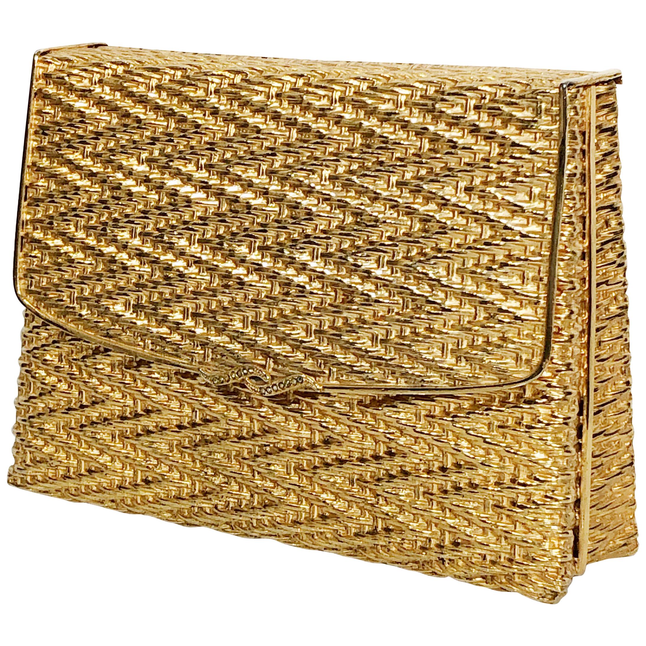 1960 Gold Metal Basket Weave Textured Evening Box Clutch w/ Mirror