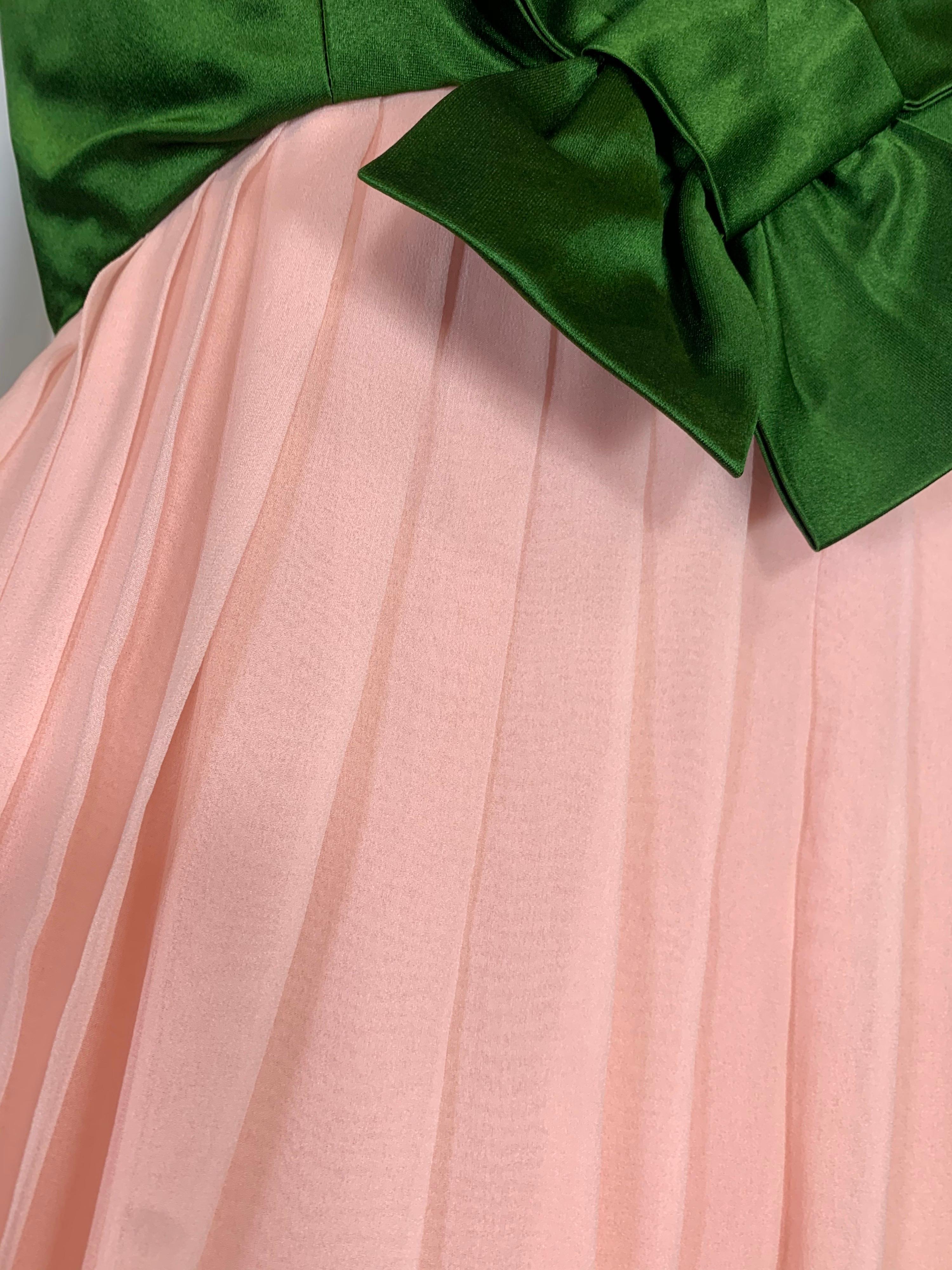 1960 Harold Levine Olive Silk Satin & Peach Silk Chiffon Empire Corset Gown For Sale 2