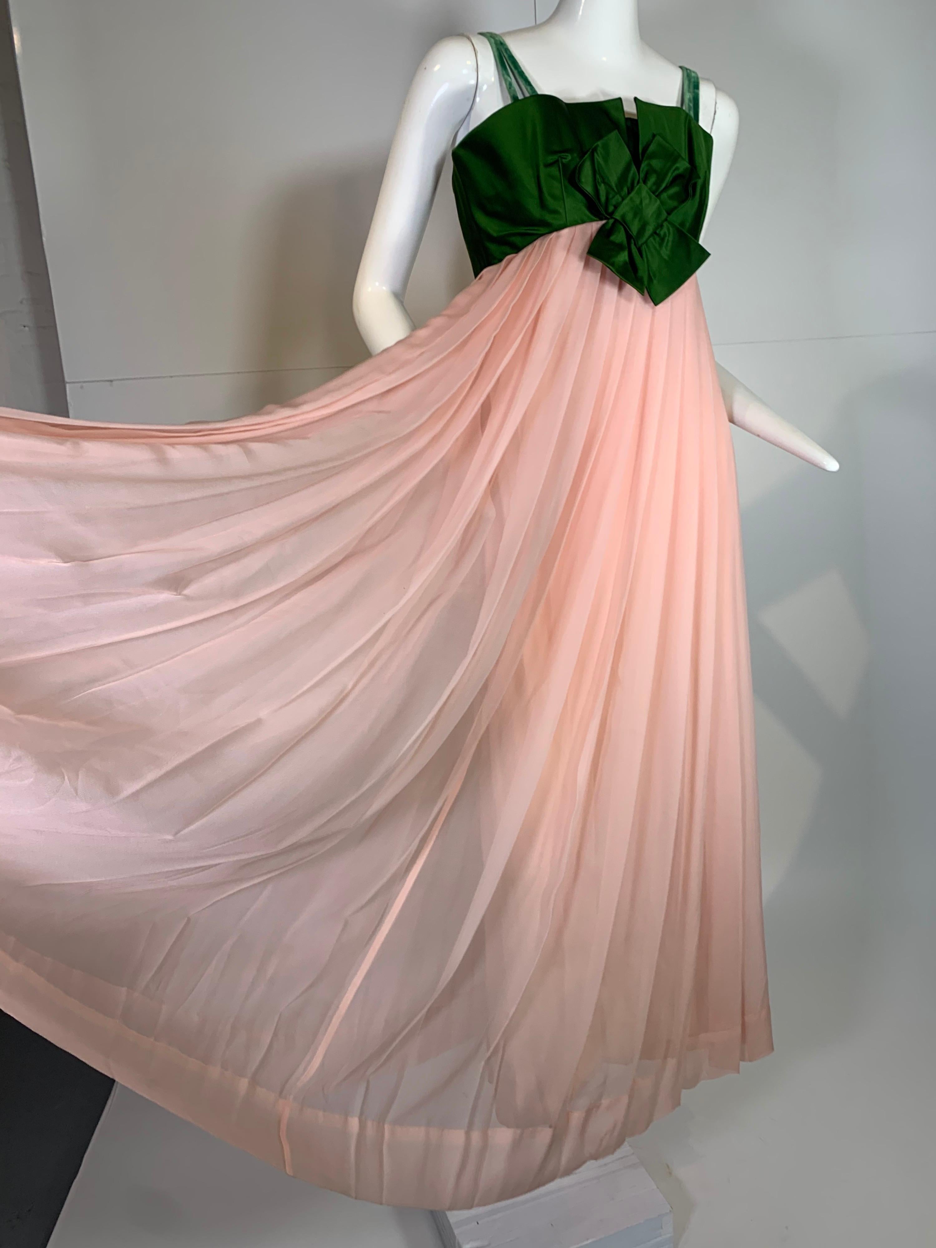 1960 Harold Levine Olive Silk Satin & Peach Silk Chiffon Empire Corset Gown For Sale 3