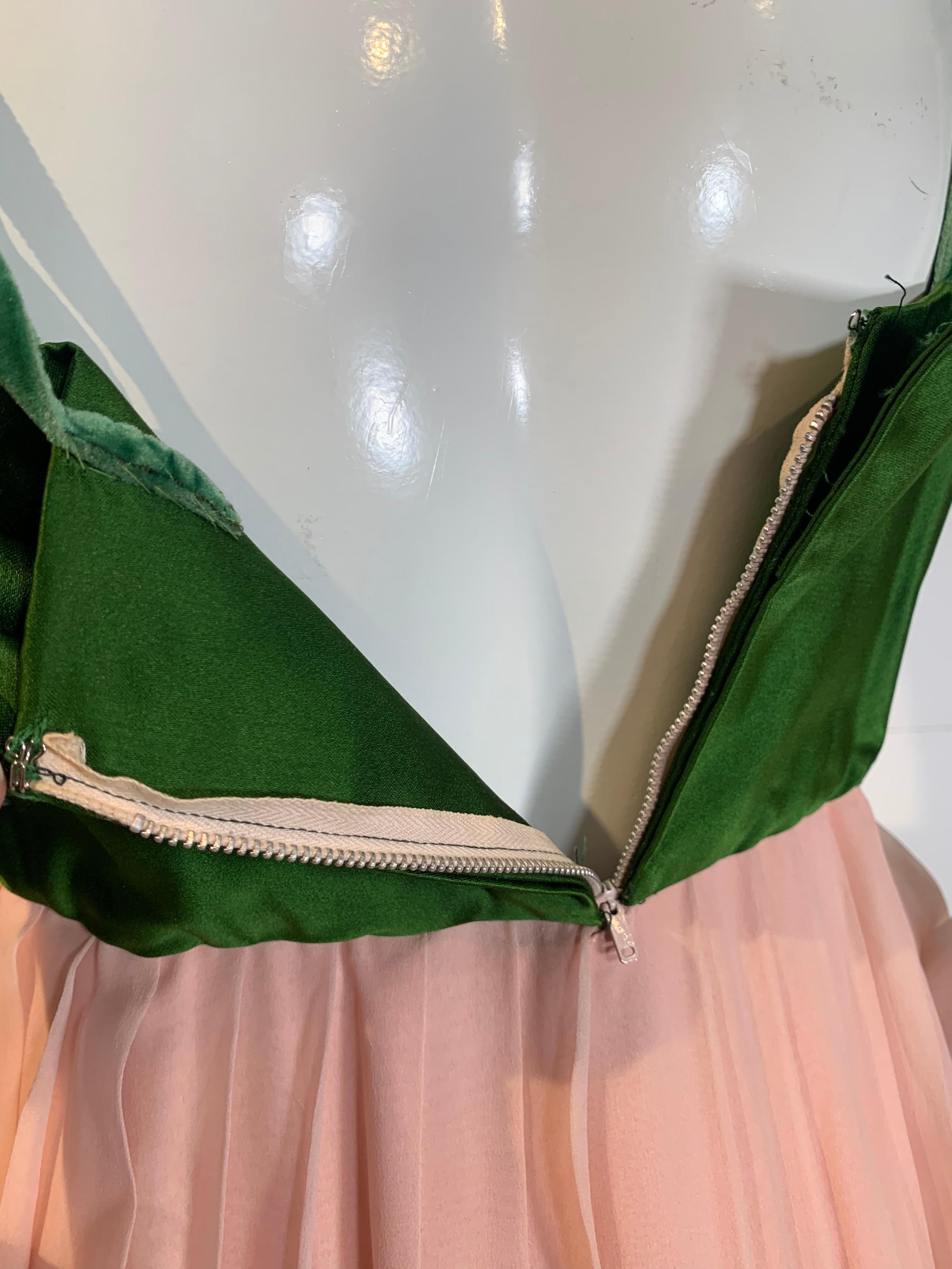 1960 Harold Levine Olive Silk Satin & Peach Silk Chiffon Empire Corset Gown For Sale 6
