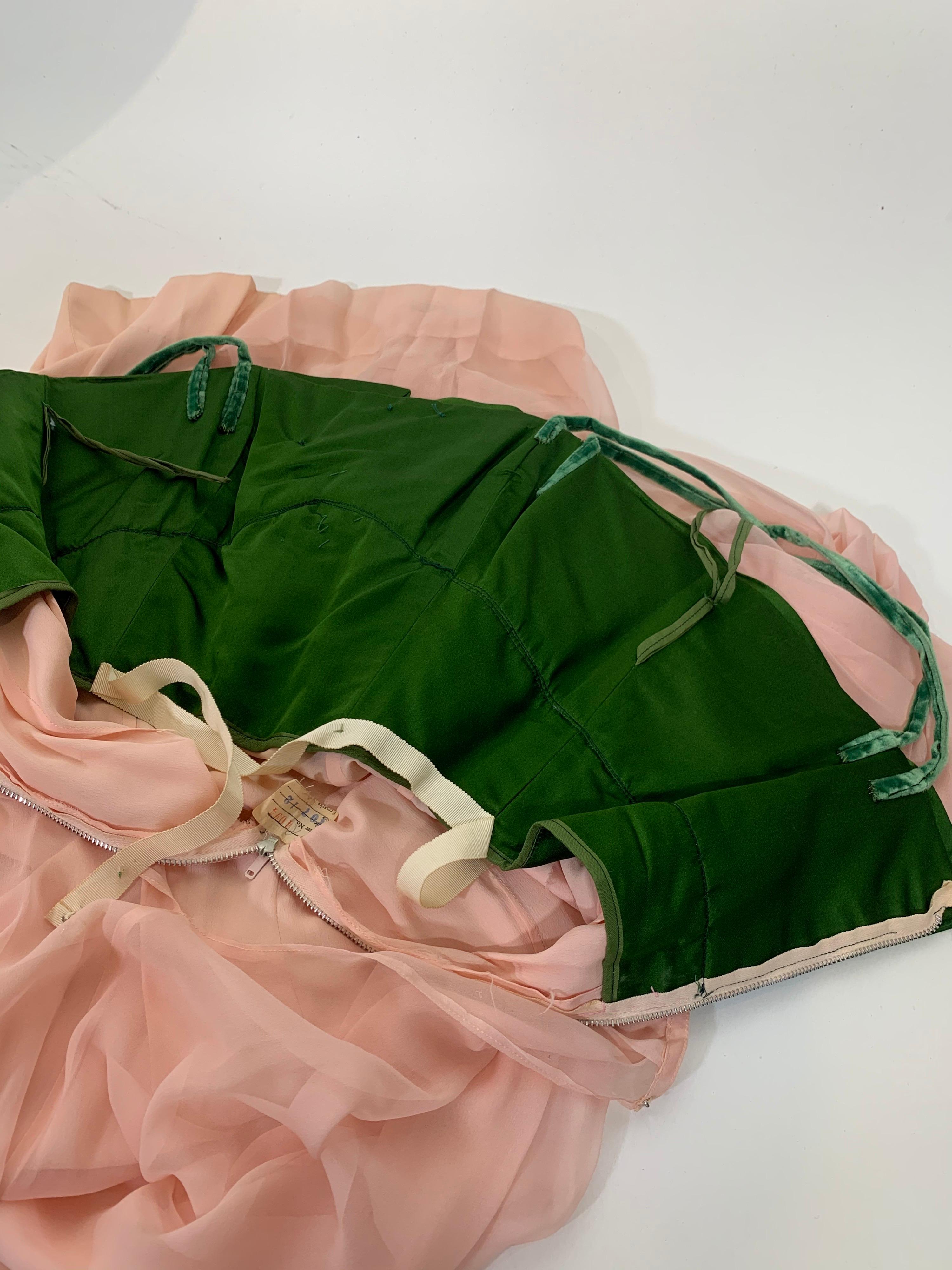 1960 Harold Levine Olive Silk Satin & Peach Silk Chiffon Empire Corset Gown For Sale 7