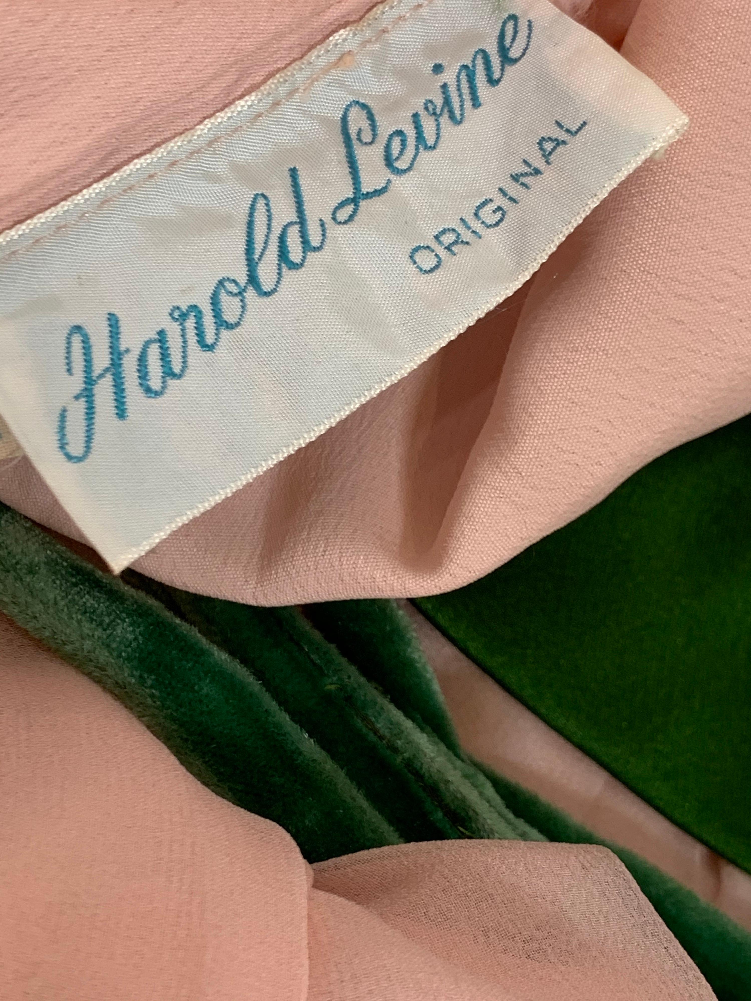 1960 Harold Levine Olive Silk Satin & Peach Silk Chiffon Empire Corset Gown For Sale 8