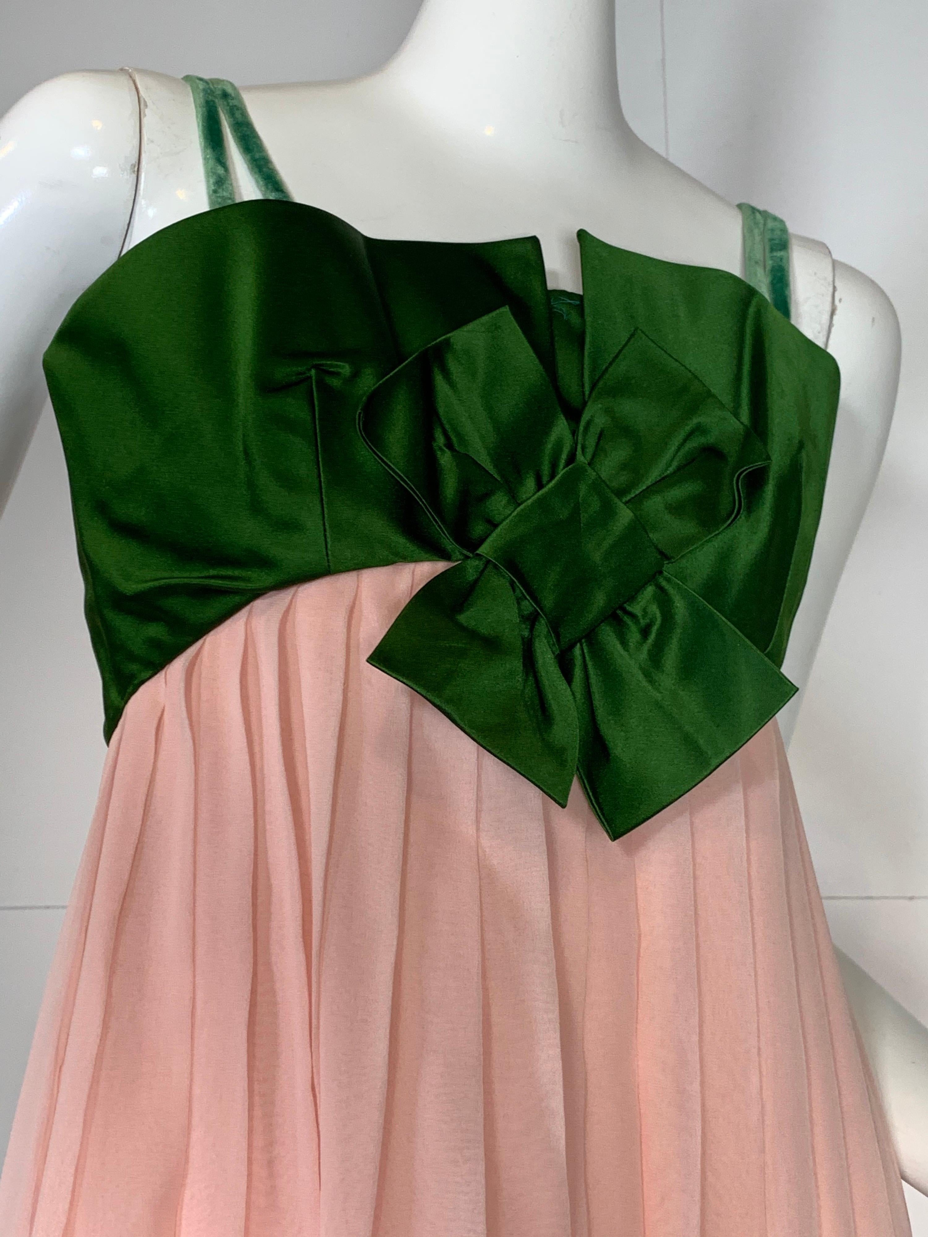 1960s Harold Levine Empire-waist olive green silk satin bodice gown with peach silk chiffon flowing skirt. Inner corset structure in bodice. Velvet ribbon straps added but could possibly be worn strapless. Back zipper. 
