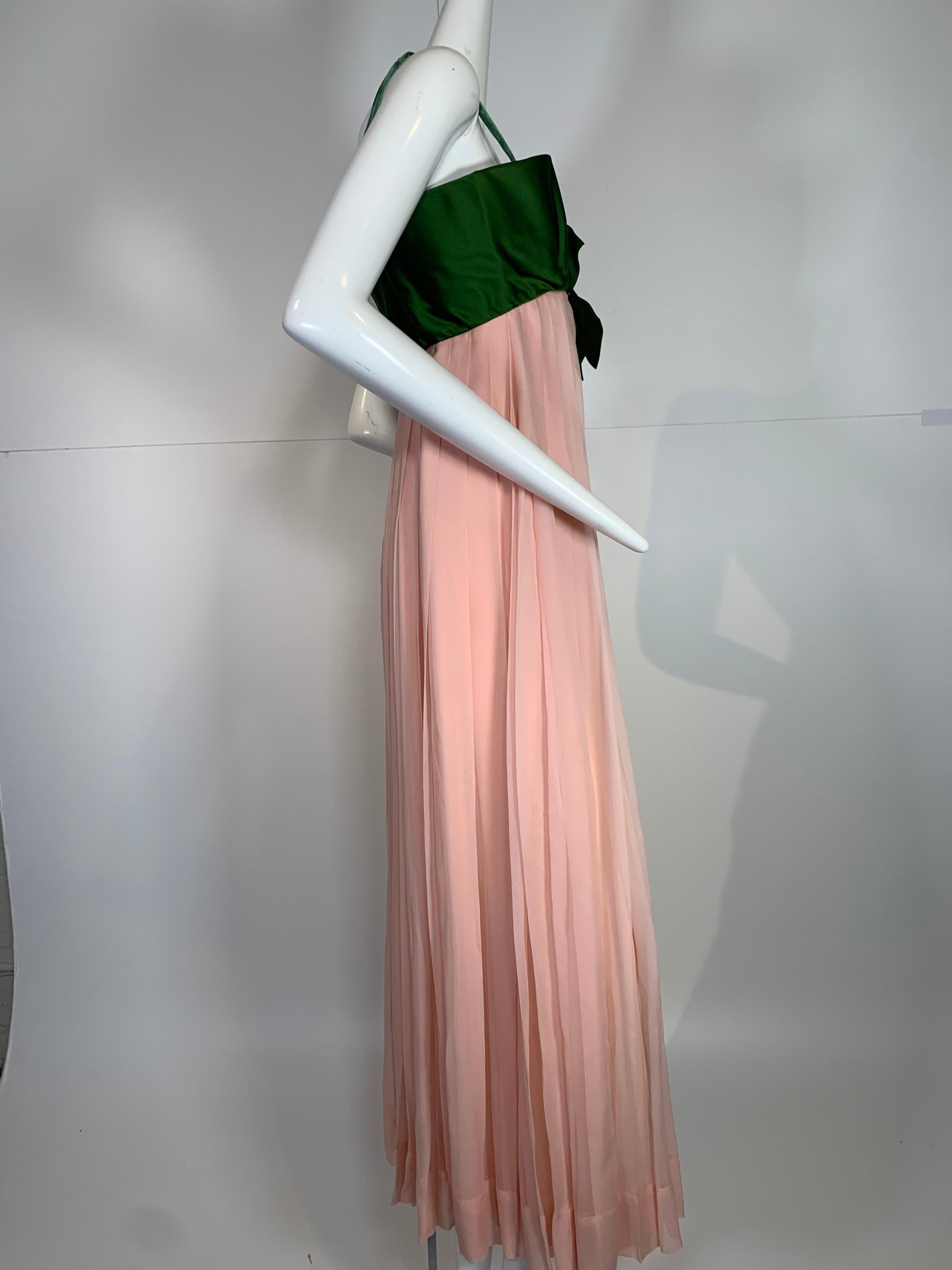 Brown 1960 Harold Levine Olive Silk Satin & Peach Silk Chiffon Empire Corset Gown For Sale