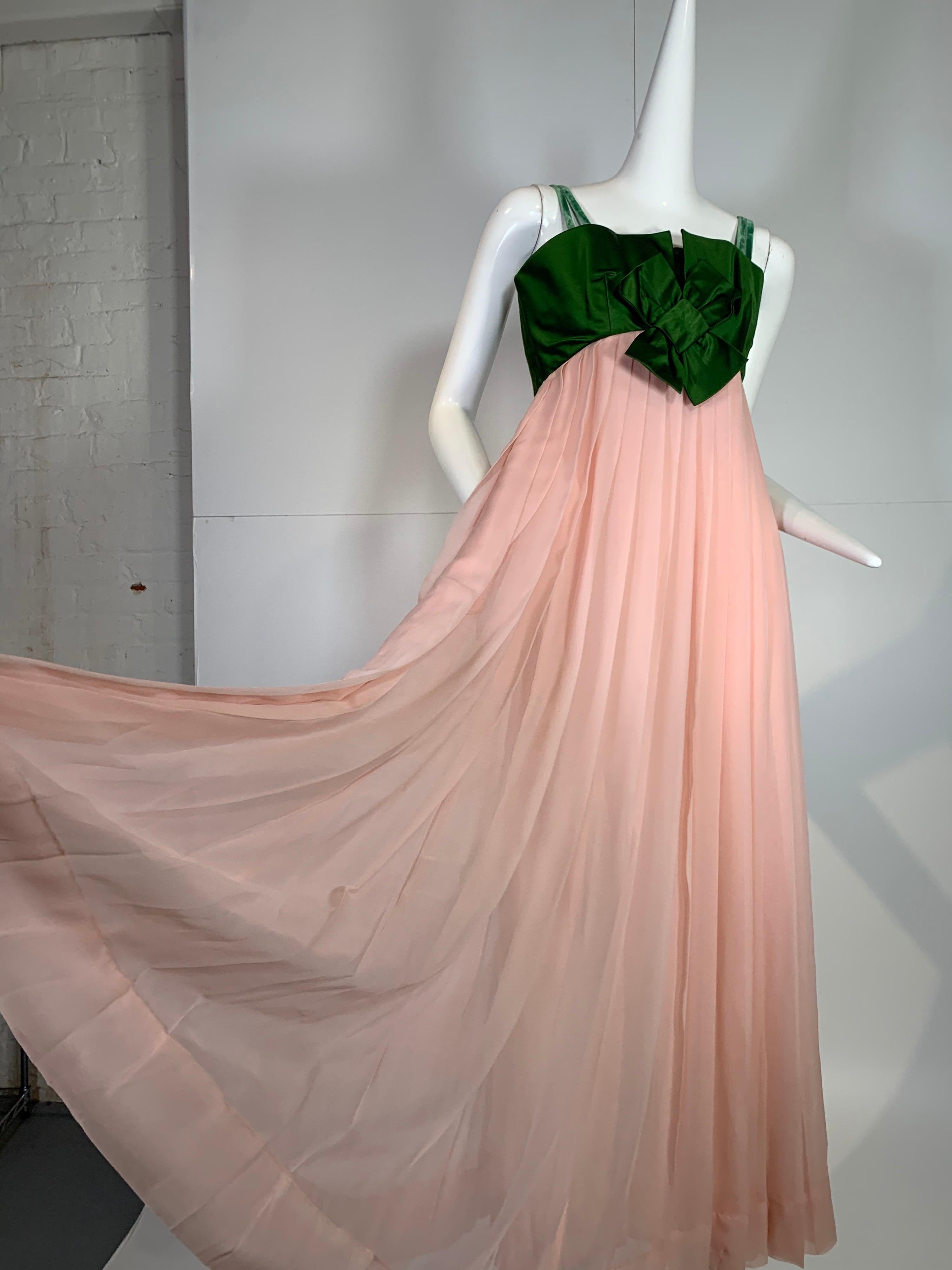 Women's 1960 Harold Levine Olive Silk Satin & Peach Silk Chiffon Empire Corset Gown For Sale