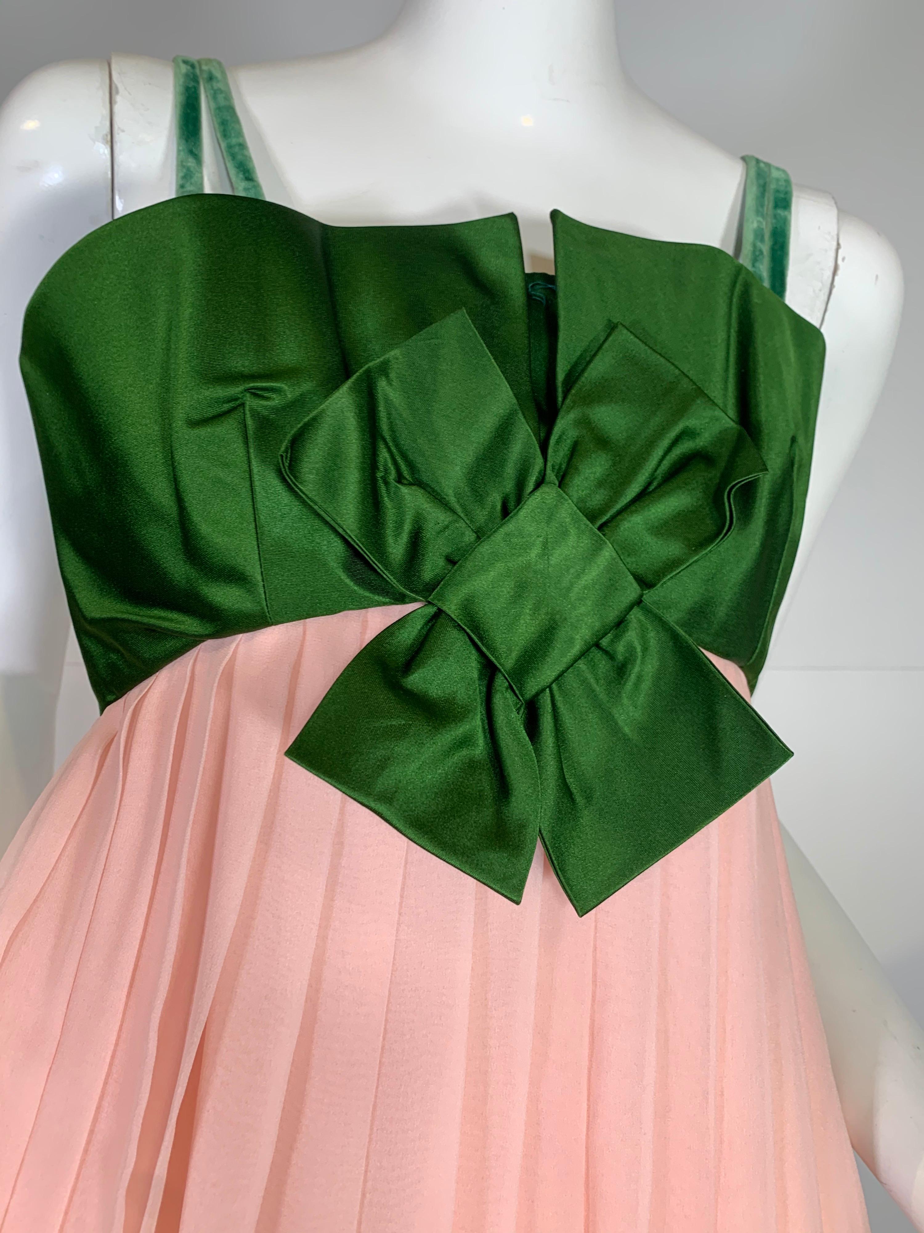 1960 Harold Levine Olive Silk Satin & Peach Silk Chiffon Empire Corset Gown For Sale 1