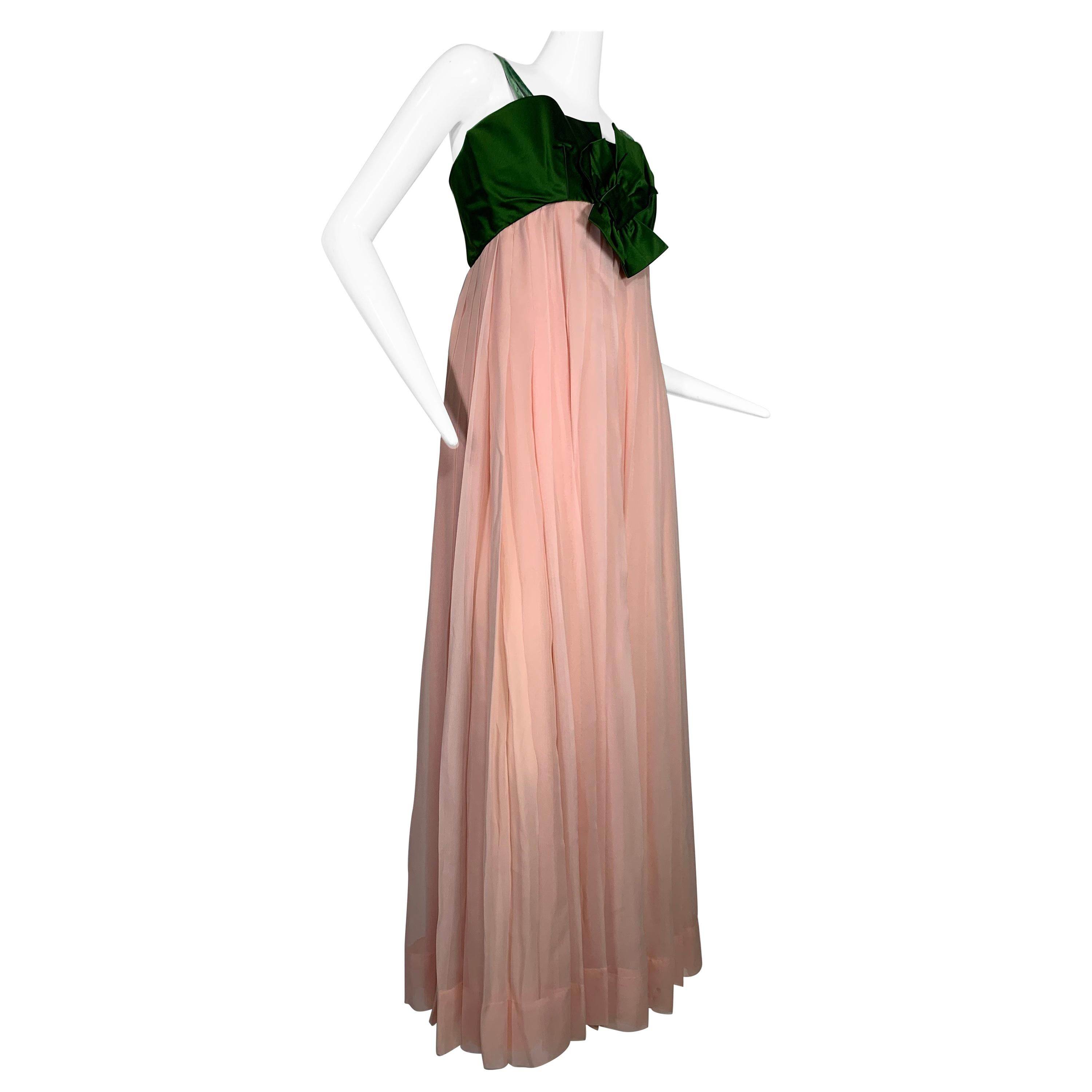 1960 Harold Levine Olive Silk Satin & Peach Silk Chiffon Empire Corset Gown