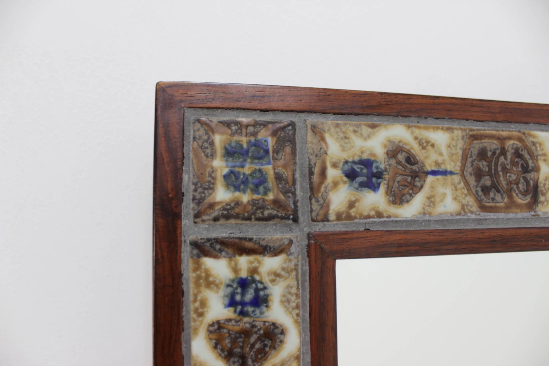 1960 Haslev Rosewood and Tile Mirror by Royal Copenhagen In Good Condition In Praha, CZ