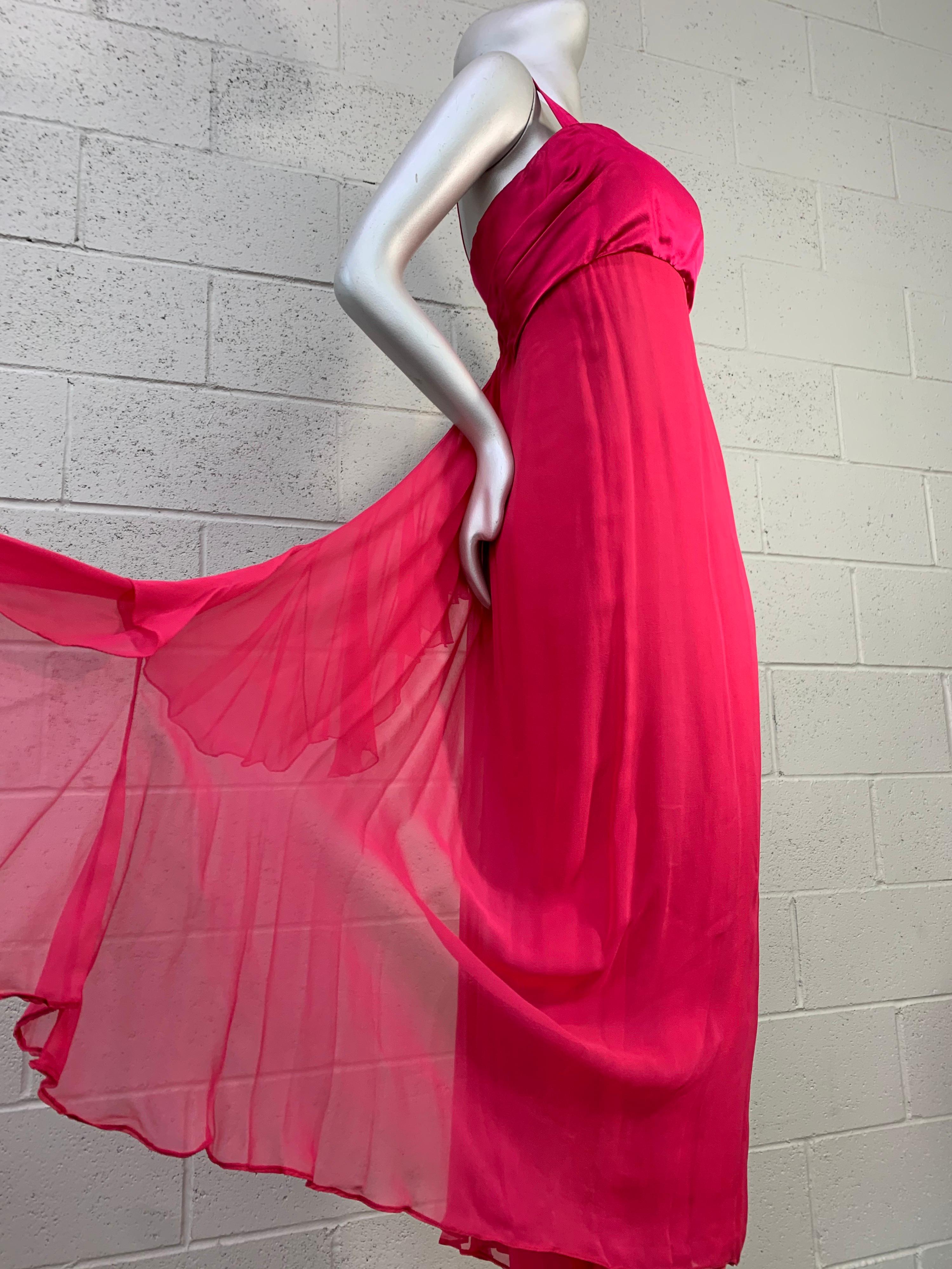 1960 Helena Barbieri Shocking Pink Silk Chiffon Column Gown w/ Waterfall Back For Sale 5