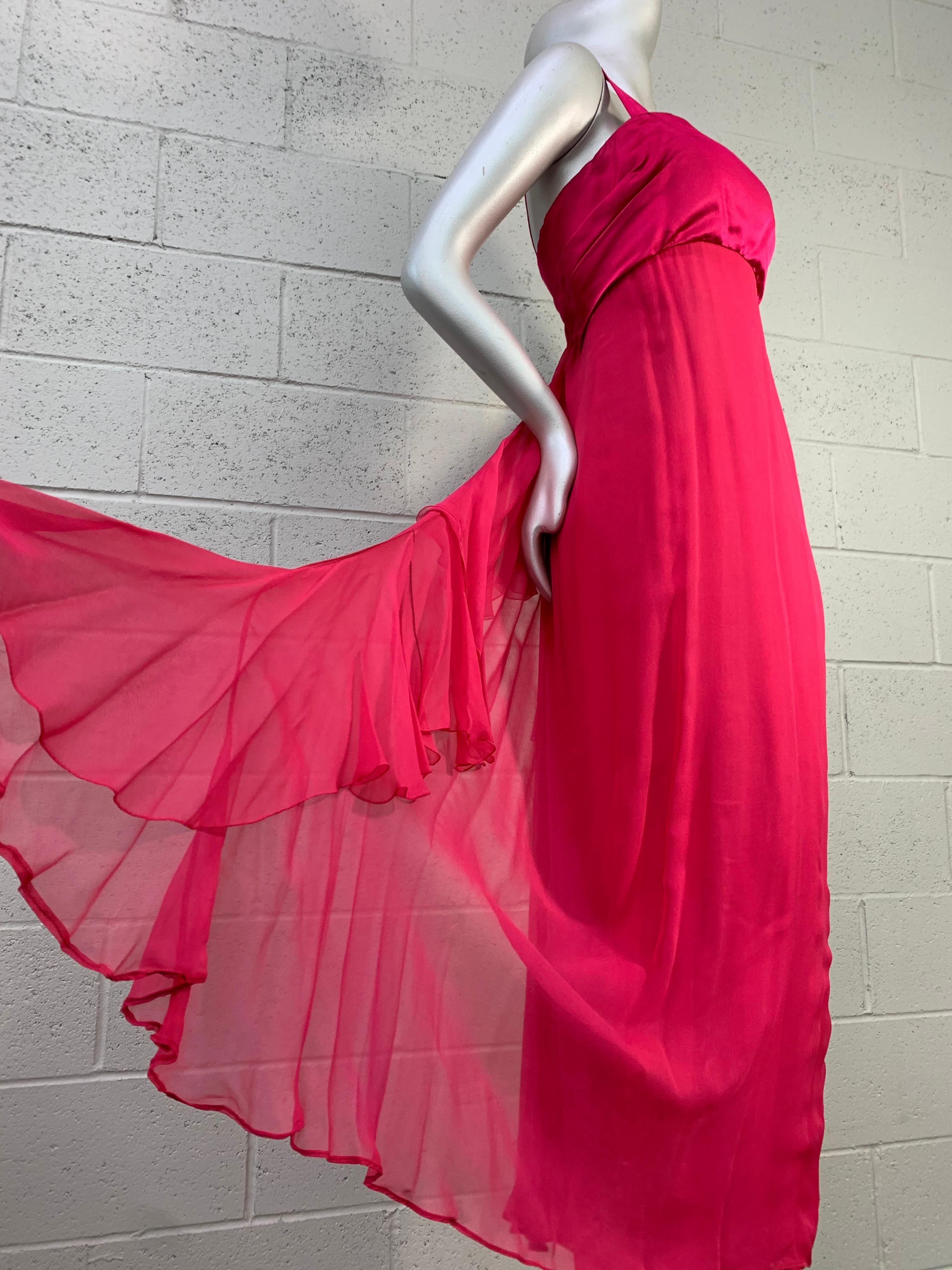 1960 Helena Barbieri Shocking Pink Silk Chiffon Column Gown w/ Waterfall Back For Sale 6