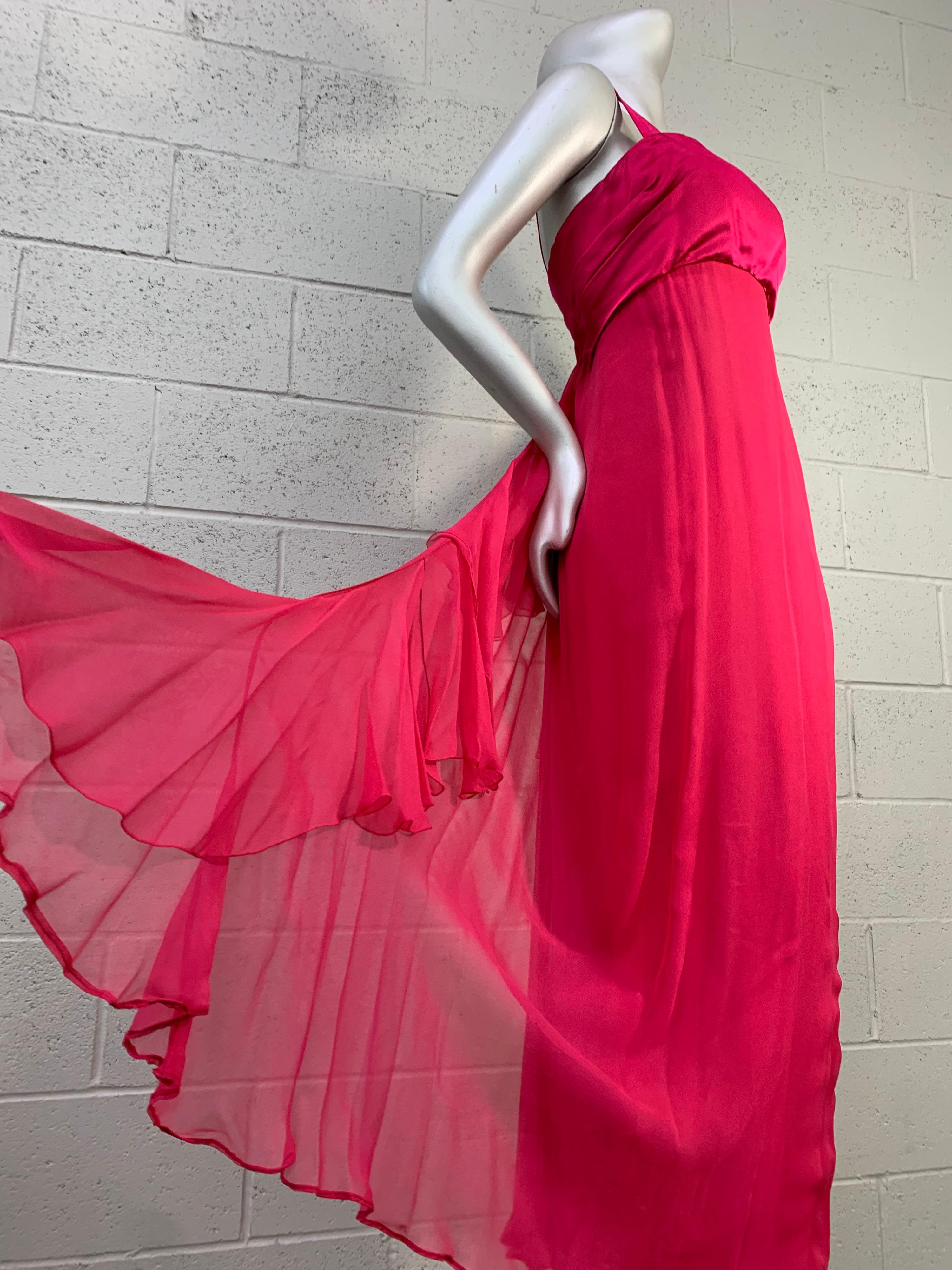 1960 Helena Barbieri Shocking Pink Silk Chiffon Column Gown w/ Waterfall Back For Sale 7