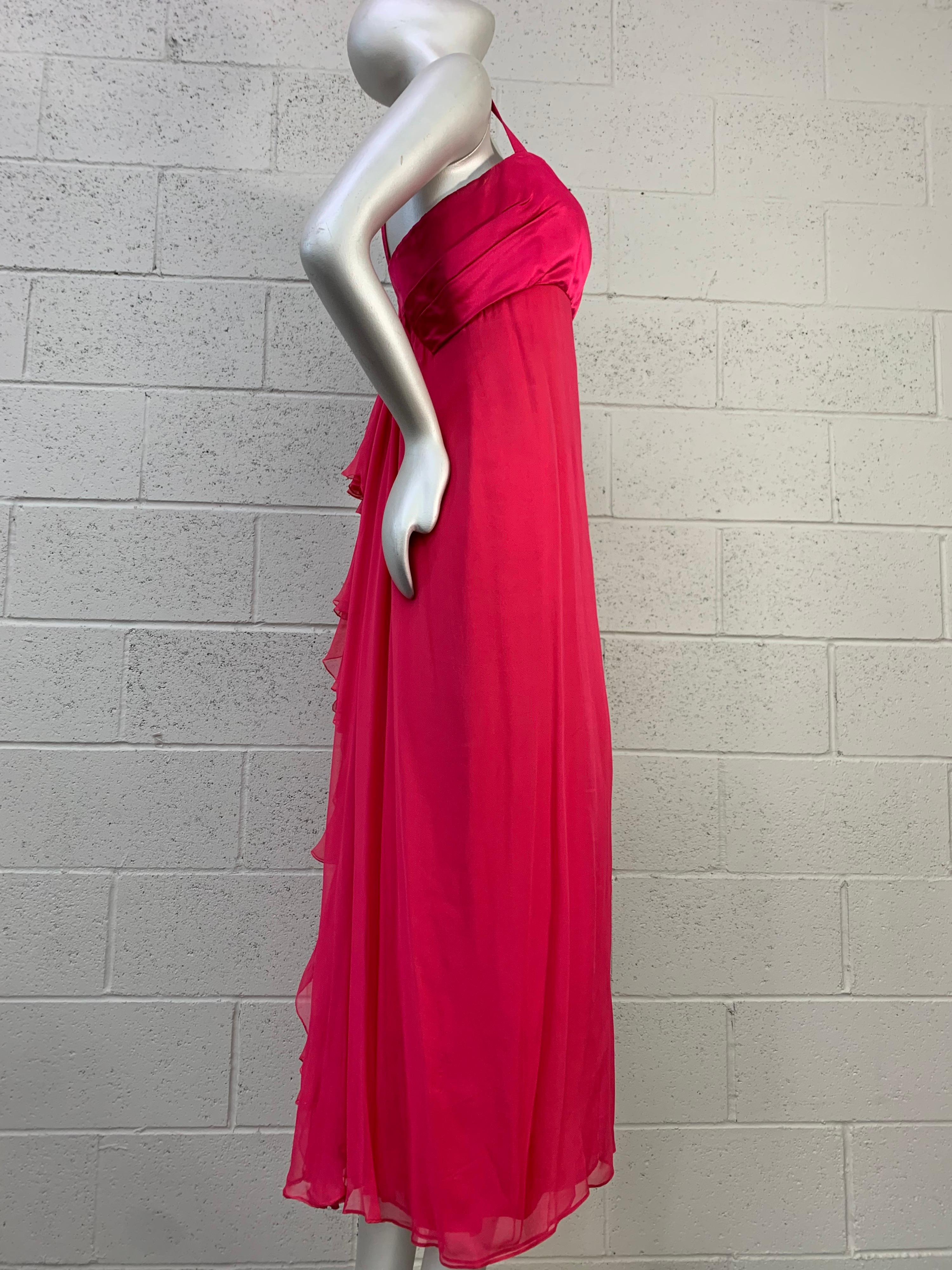 1960 Helena Barbieri Shocking Pink Silk Chiffon Column Gown w/ Waterfall Back: Double layer silk chiffon with silk satin bodice. Crepe fitted sheath skirt. Unstructured. Fully lined. Size 6. 