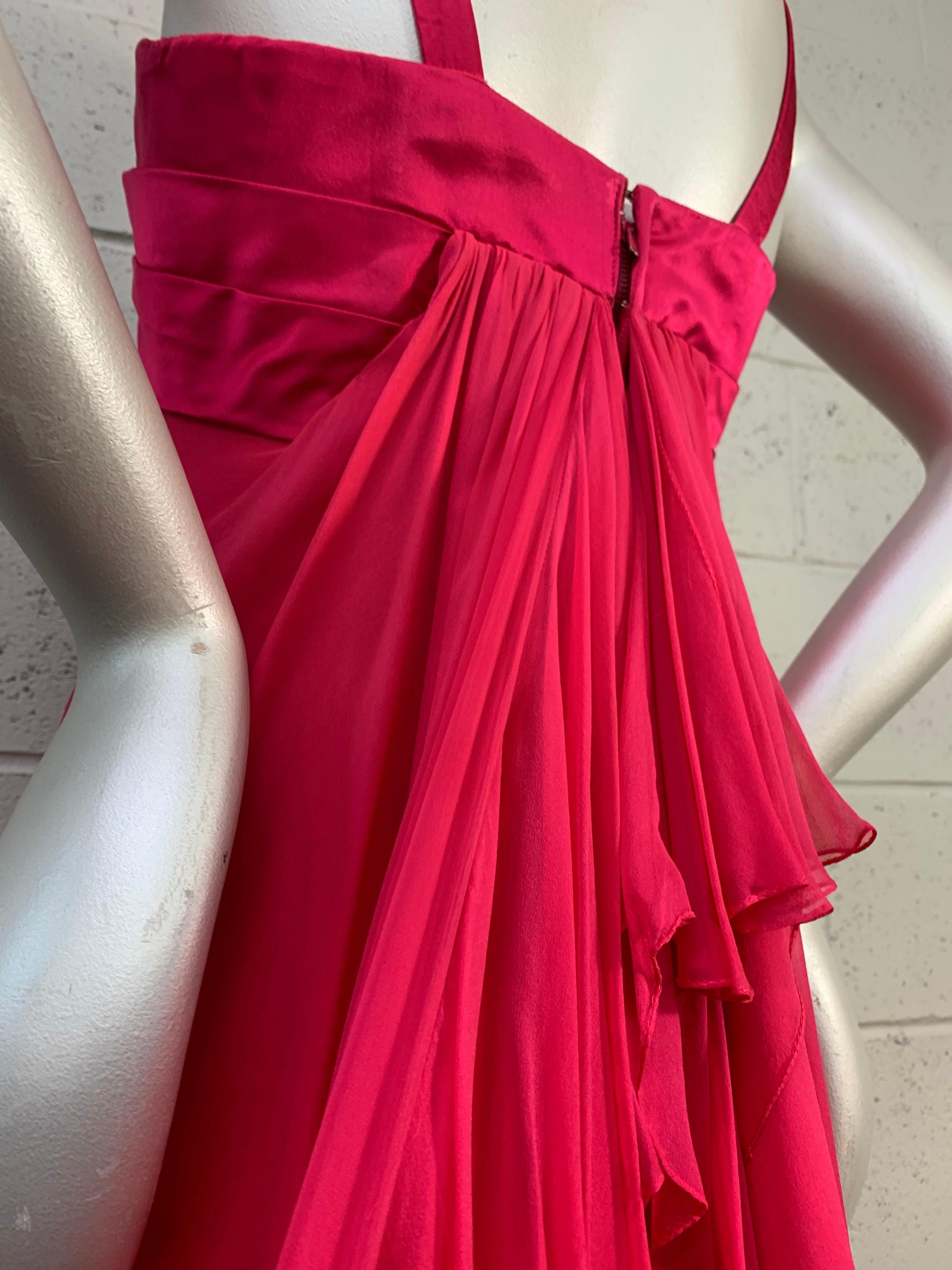 1960 Helena Barbieri Shocking Pink Silk Chiffon Column Gown w/ Waterfall Back In Excellent Condition For Sale In Gresham, OR