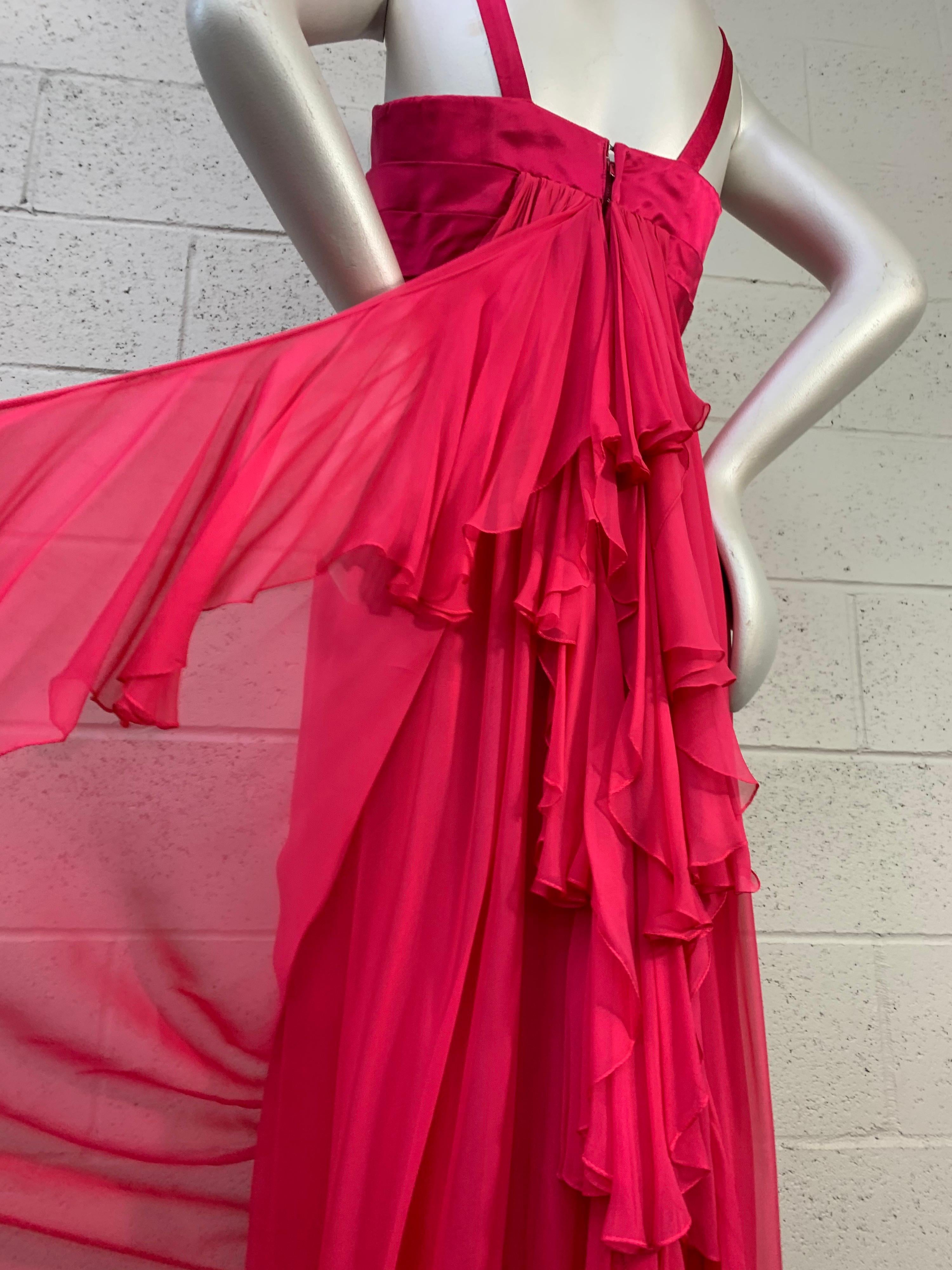 1960 Helena Barbieri Shocking Pink Silk Chiffon Column Gown w/ Waterfall Back For Sale 1