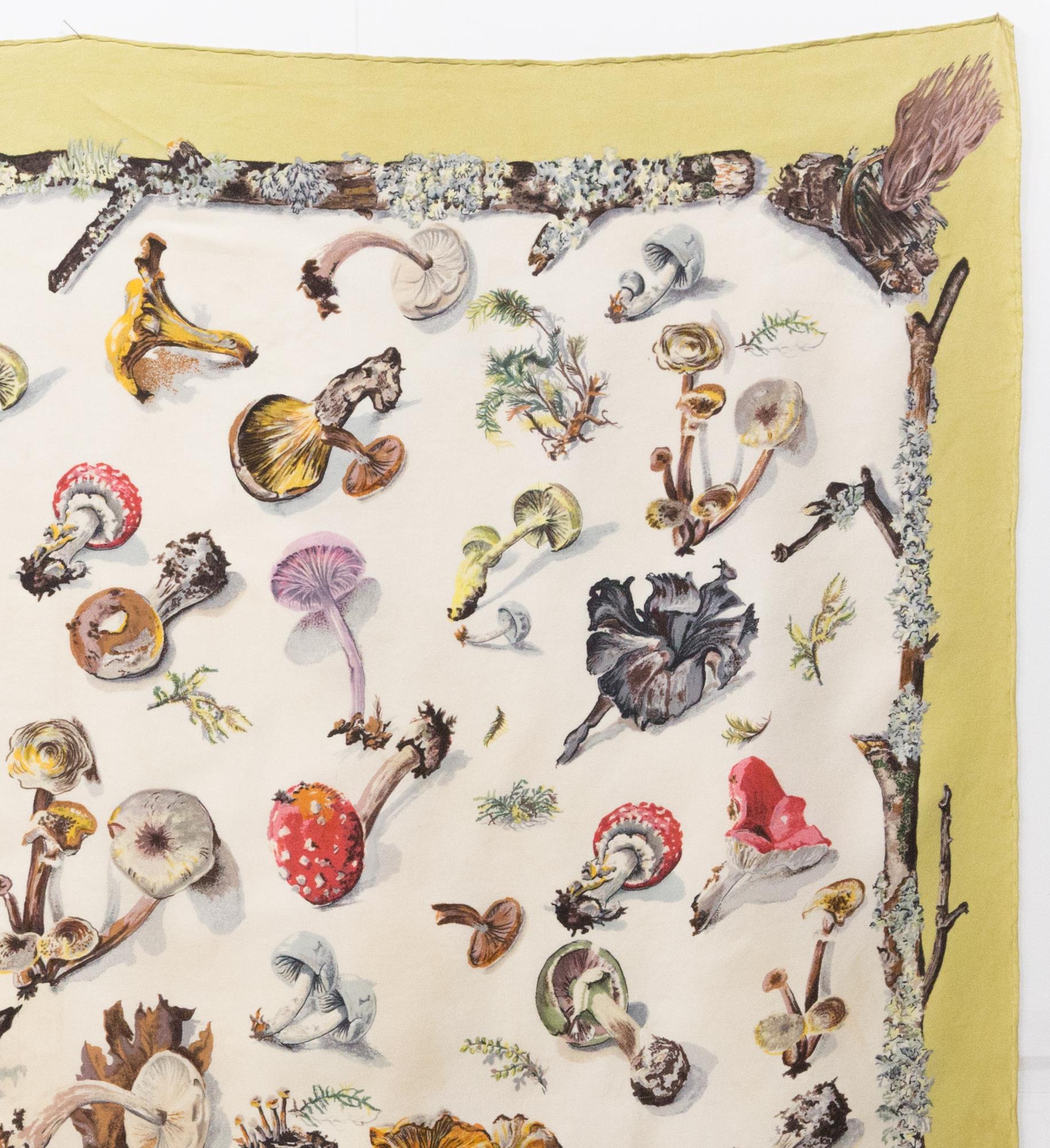 Beige 1960 Hermes Champignons by F.de la Perriere and A.Gavarni Silk Scarf