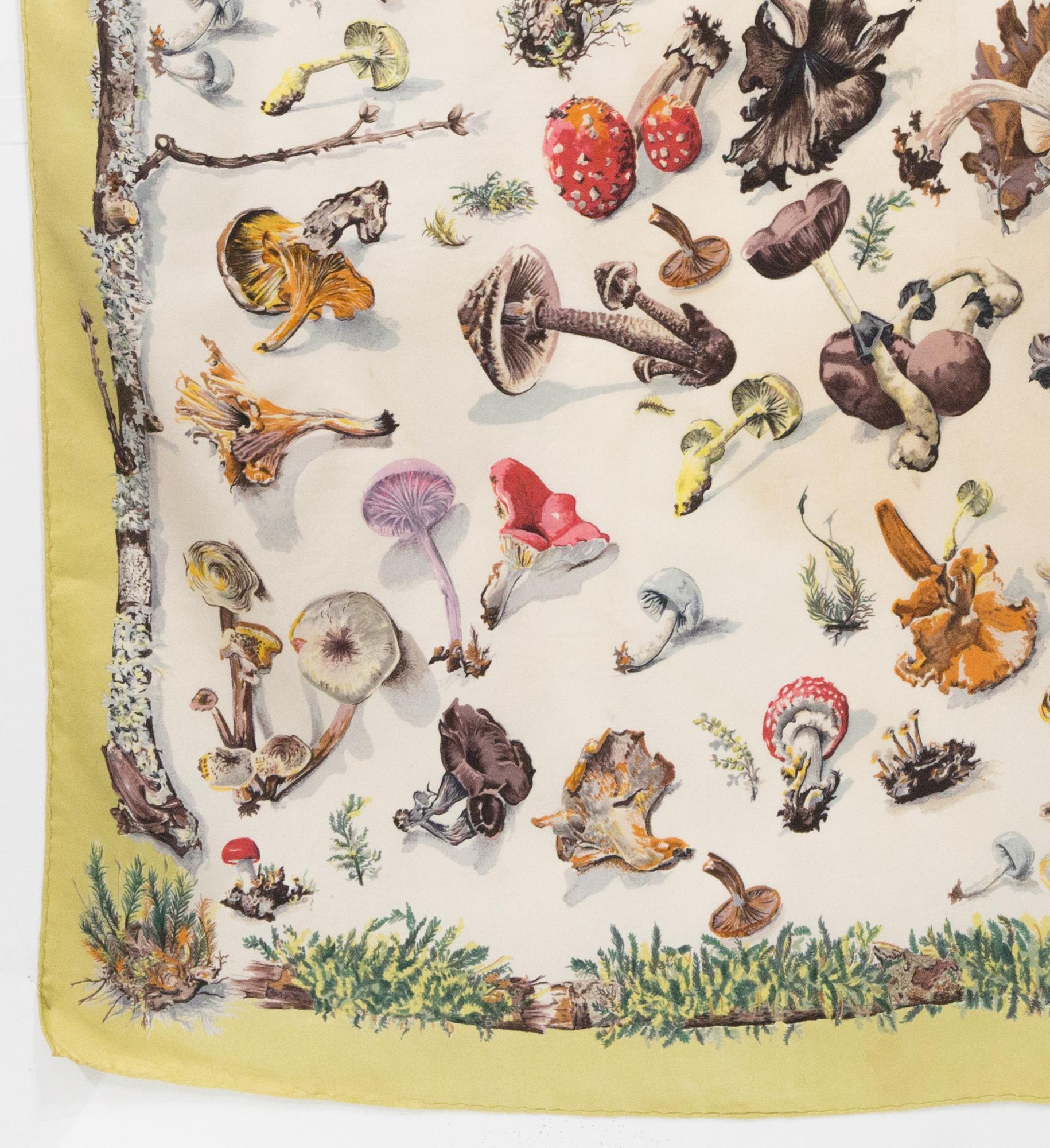 Women's or Men's 1960 Hermes Champignons by F.de la Perriere and A.Gavarni Silk Scarf For Sale