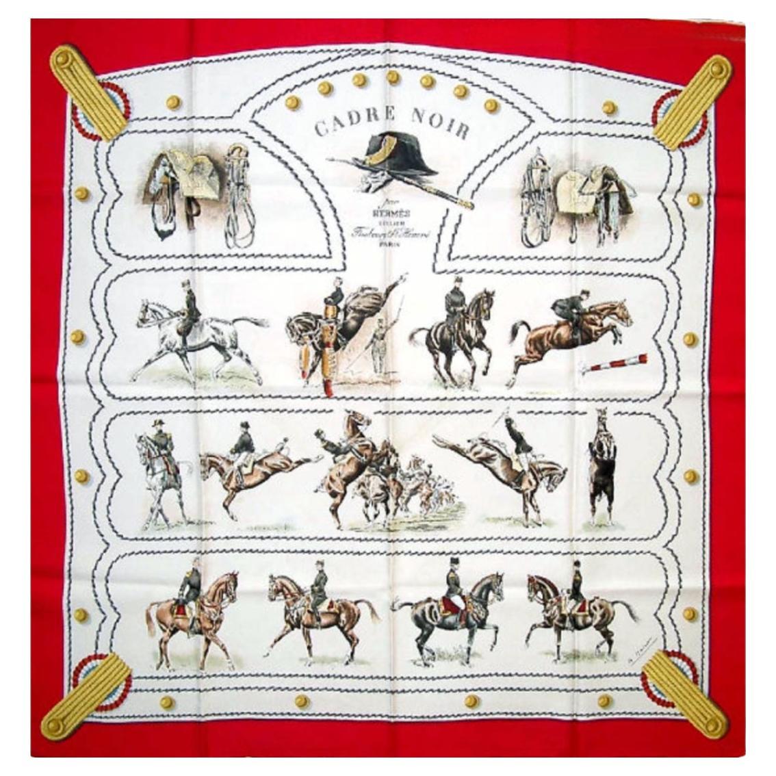 1960 Sciarpa Hermès rossa "Cadre Noir" di G. Margot 90 cm in twill di seta