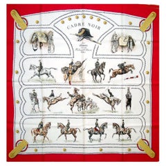 1960 Pañuelo Hermès Rojo "Cadre Noir" de G. Margot de 90 cm en sarga de seda