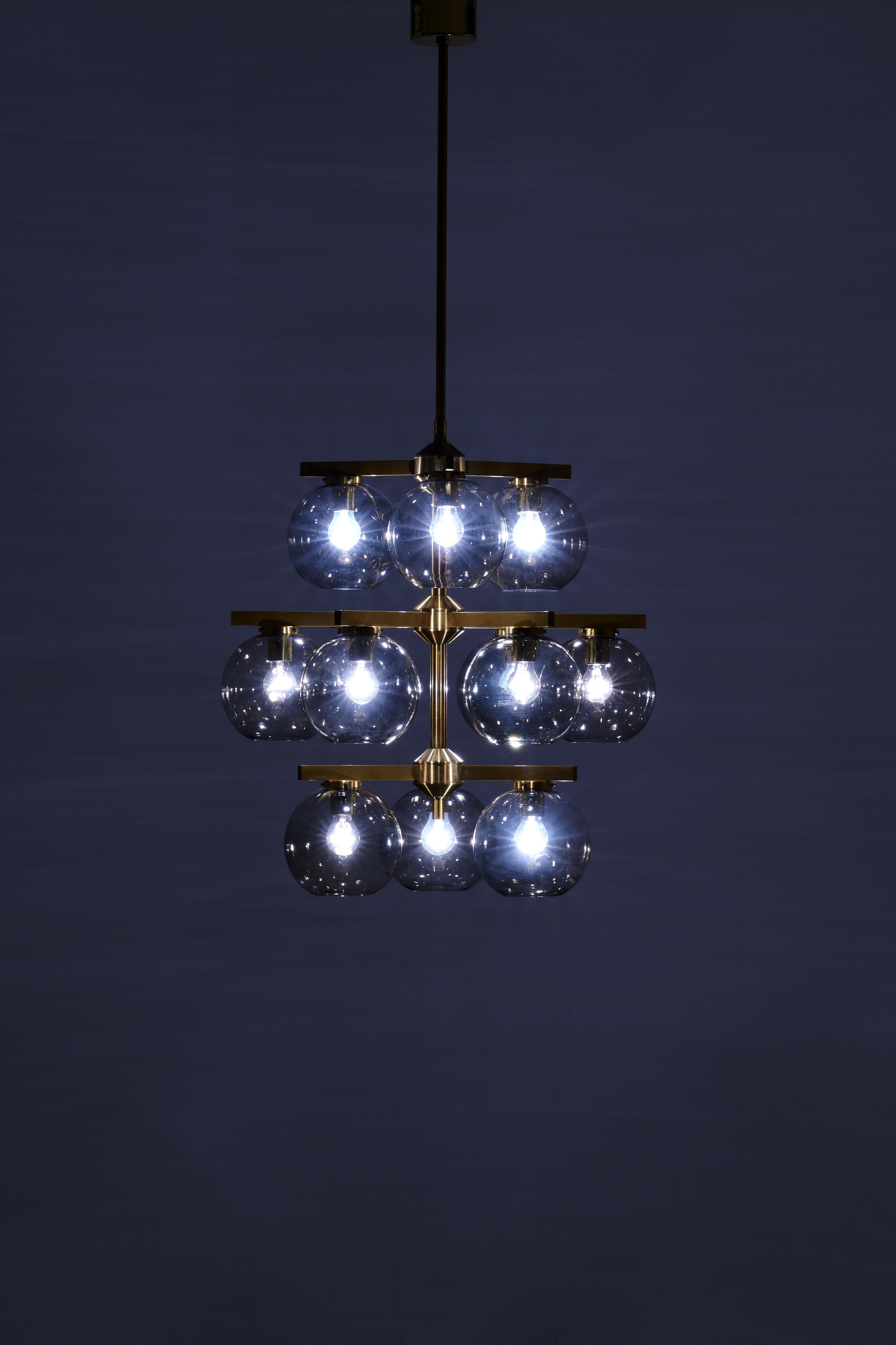 Swedish Ceiling lamp 12 lights brass blown glass- Holger Johansson-Mid 20th Century For Sale