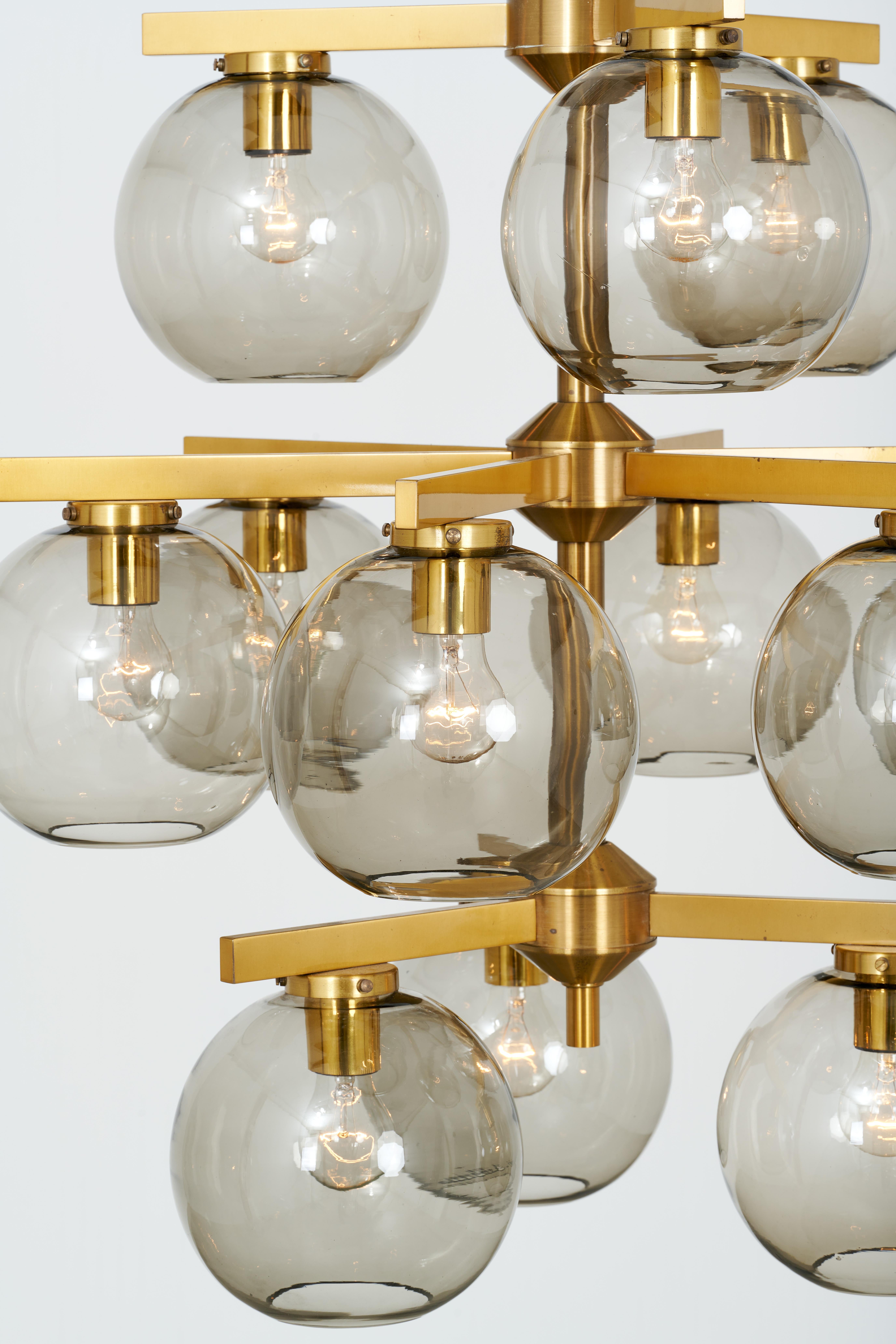 Polished Ceiling lamp 12 lights brass blown glass- Holger Johansson-Mid 20th Century For Sale