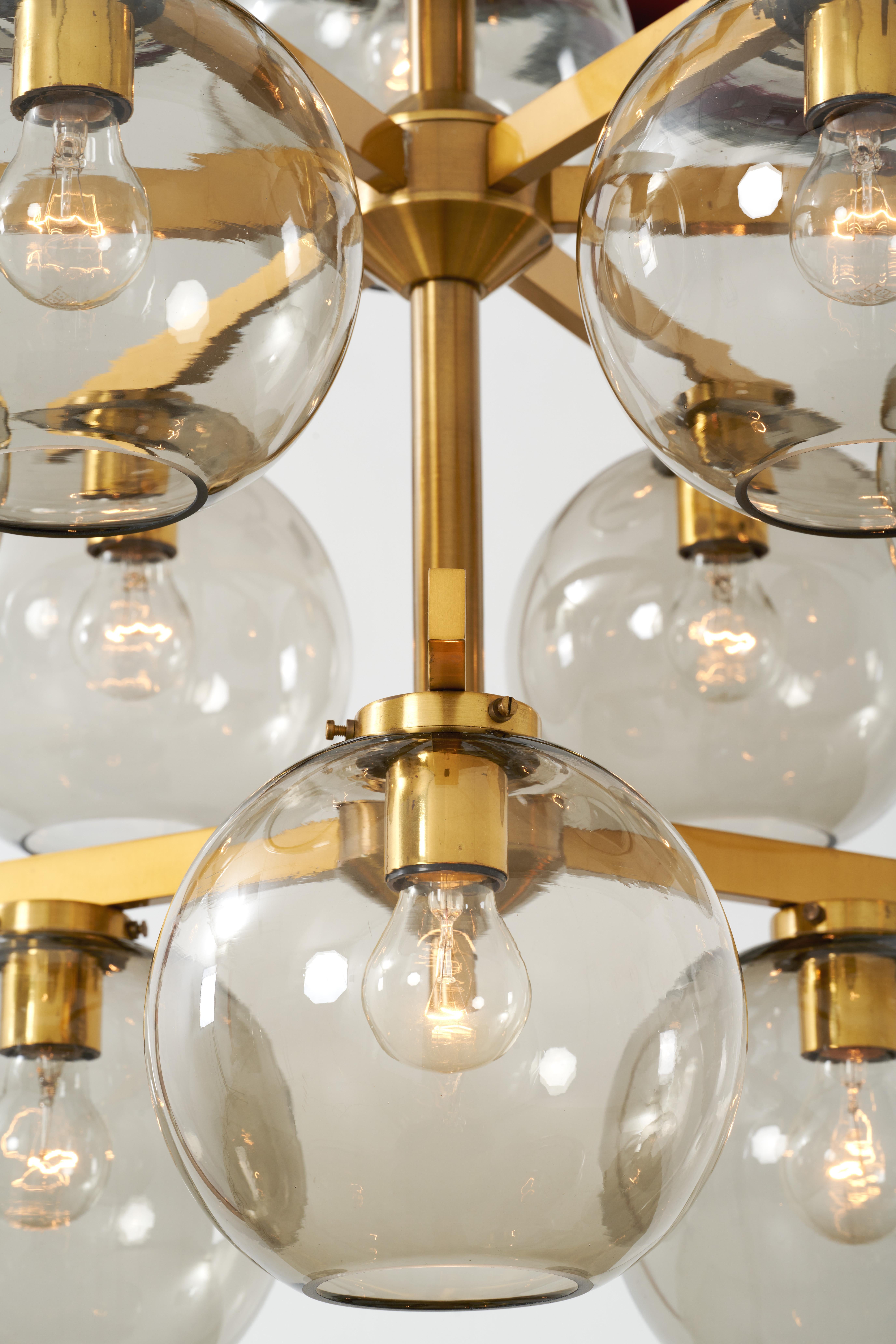 Brass Ceiling lamp 12 lights brass blown glass- Holger Johansson-Mid 20th Century For Sale