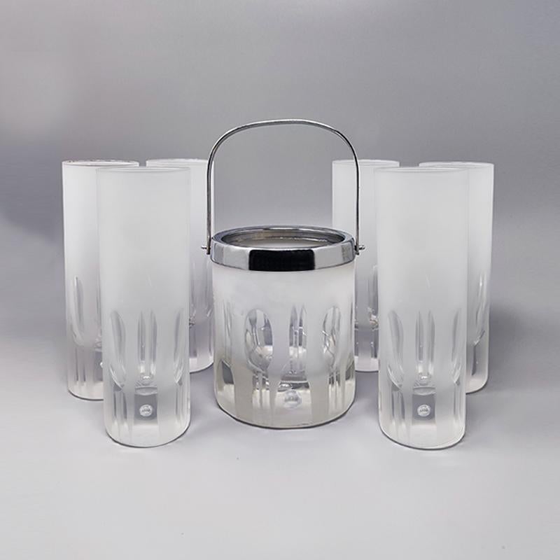 Mid-Century Modern 1960  Ice Bucket with 6 Glasses in Hand Cut Lead Crystal by Kristal For Sale
