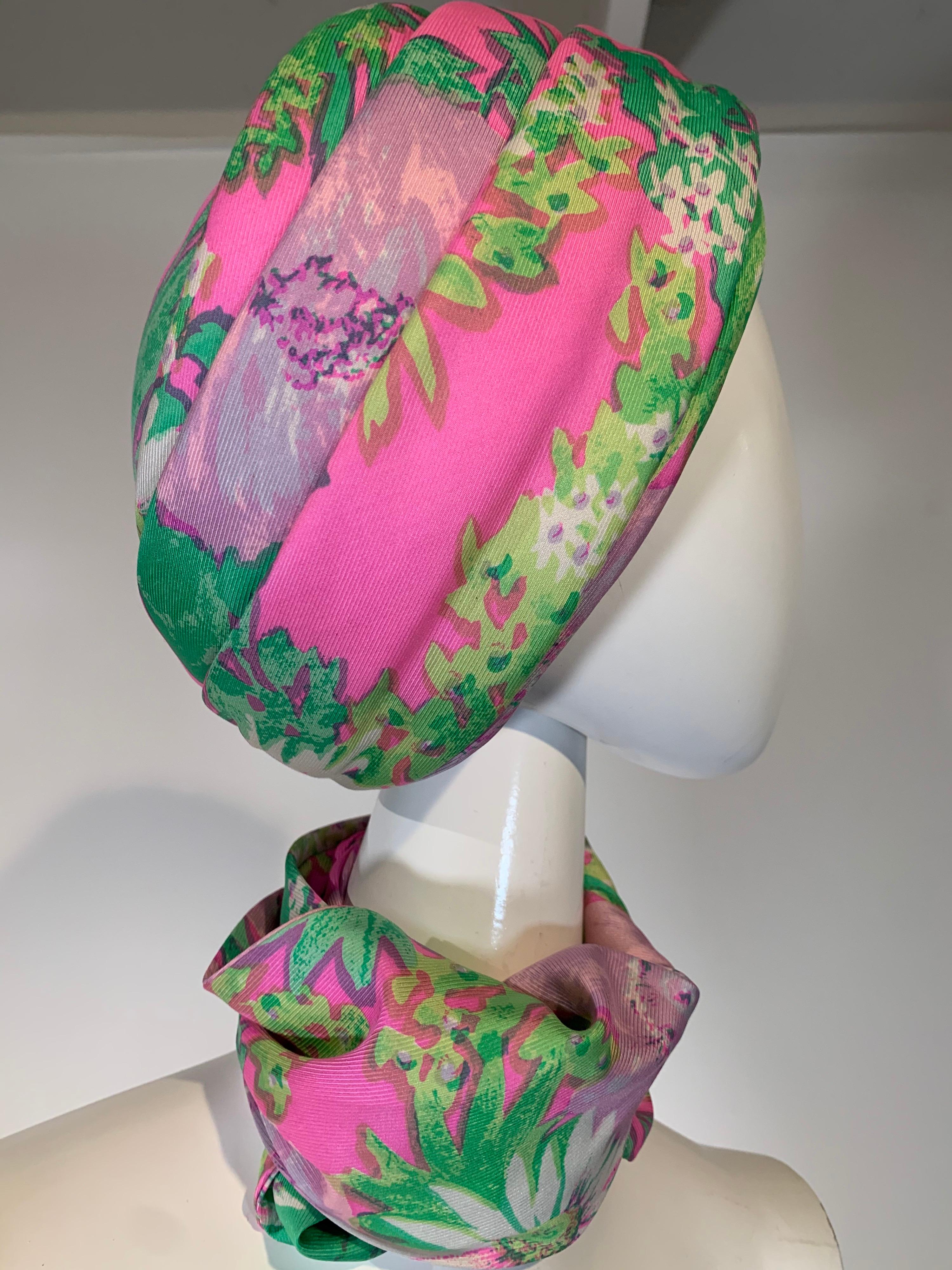 1960 Irene Of New York Fluorescent Floral Print Tufted Turban & Foulard Size M For Sale 2