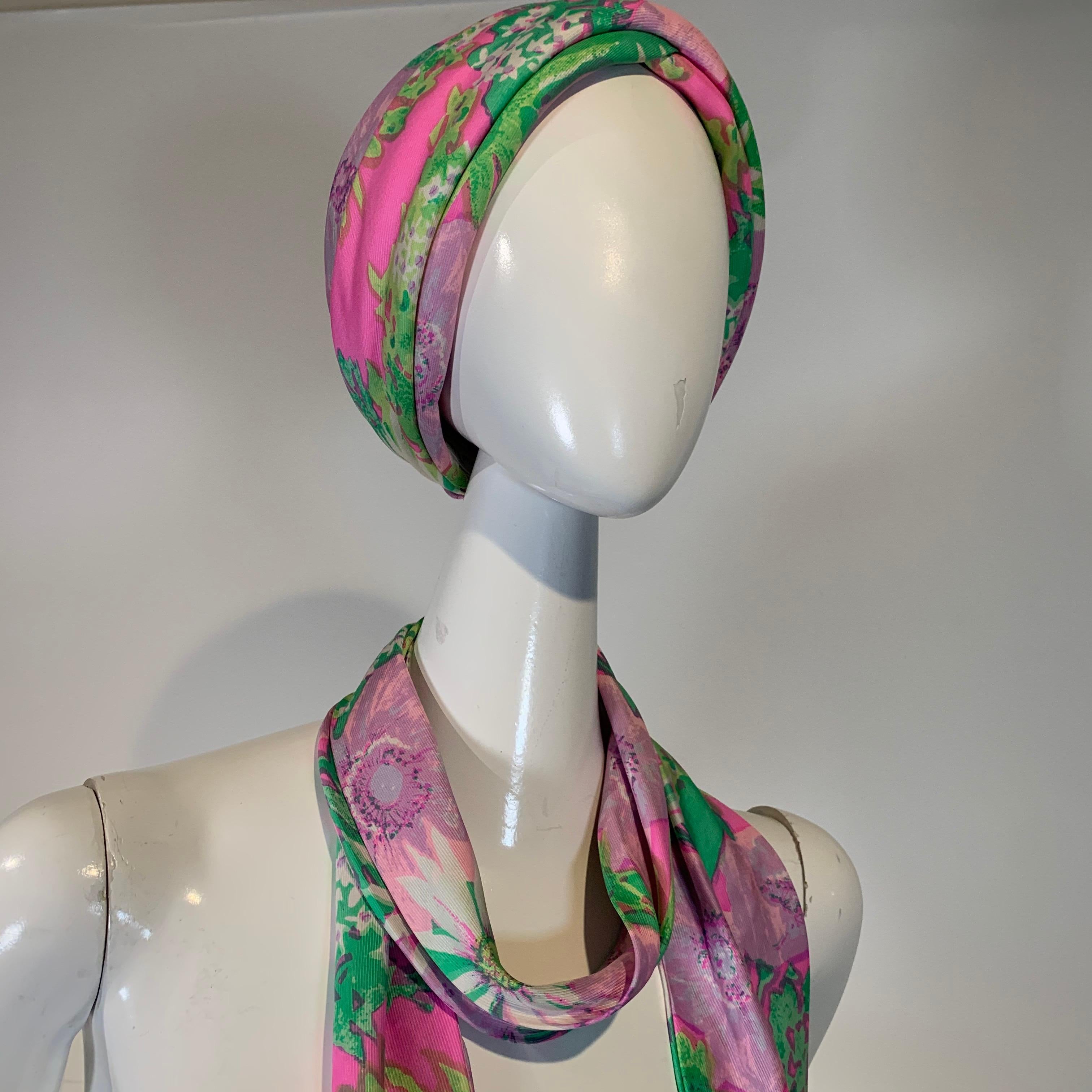 Women's 1960 Irene Of New York Fluorescent Floral Print Tufted Turban & Foulard Size M For Sale