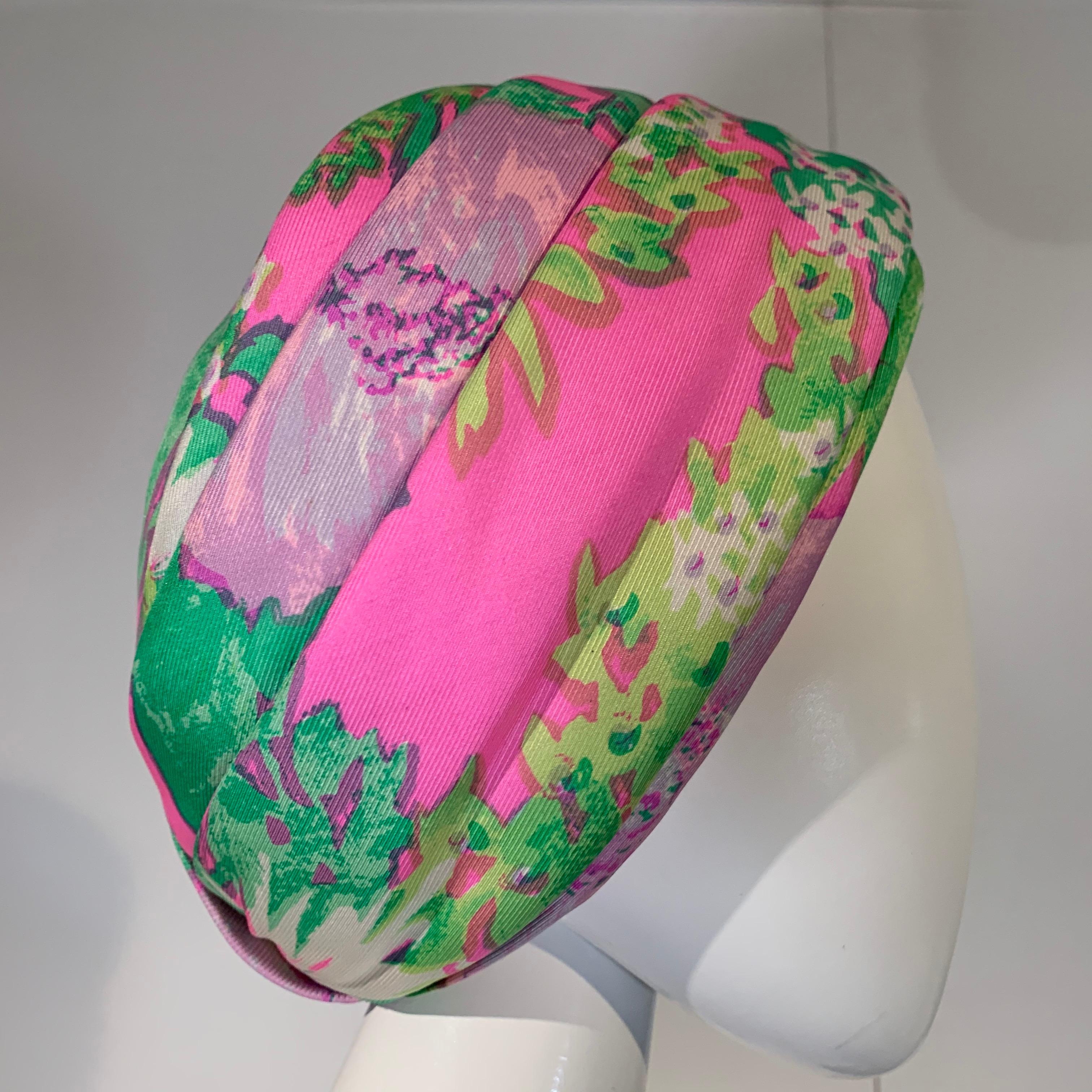 1960 Irene Of New York Fluorescent Floral Print Tufted Turban & Foulard Size M For Sale 1