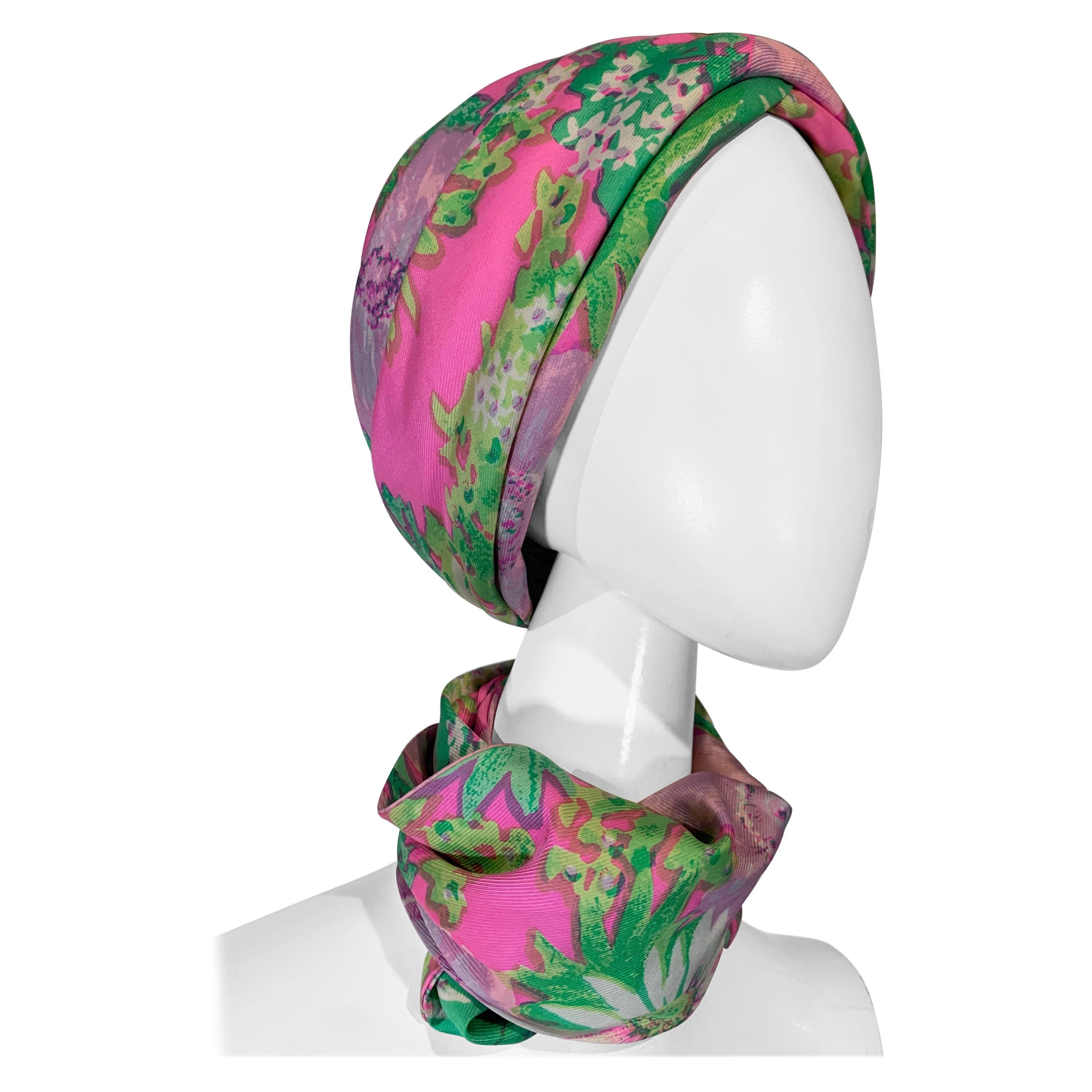 1960 Irene Of New York Fluorescent Floral Print Tufted Turban & Foulard Size M For Sale