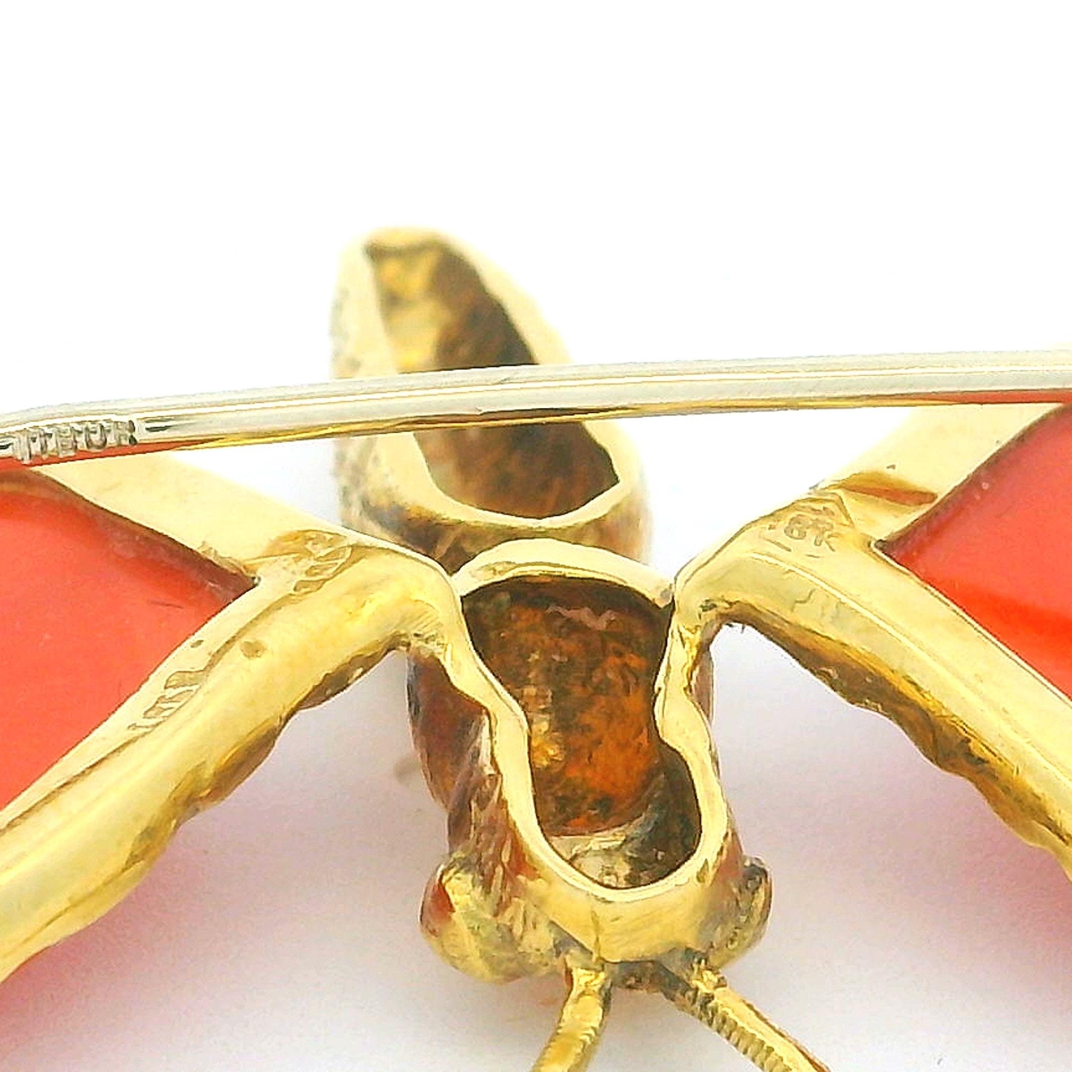 1960 Italienische 18K Gold Korallen Schmetterling Brosche - Herzförmige Flügel - 10.18g im Angebot 2