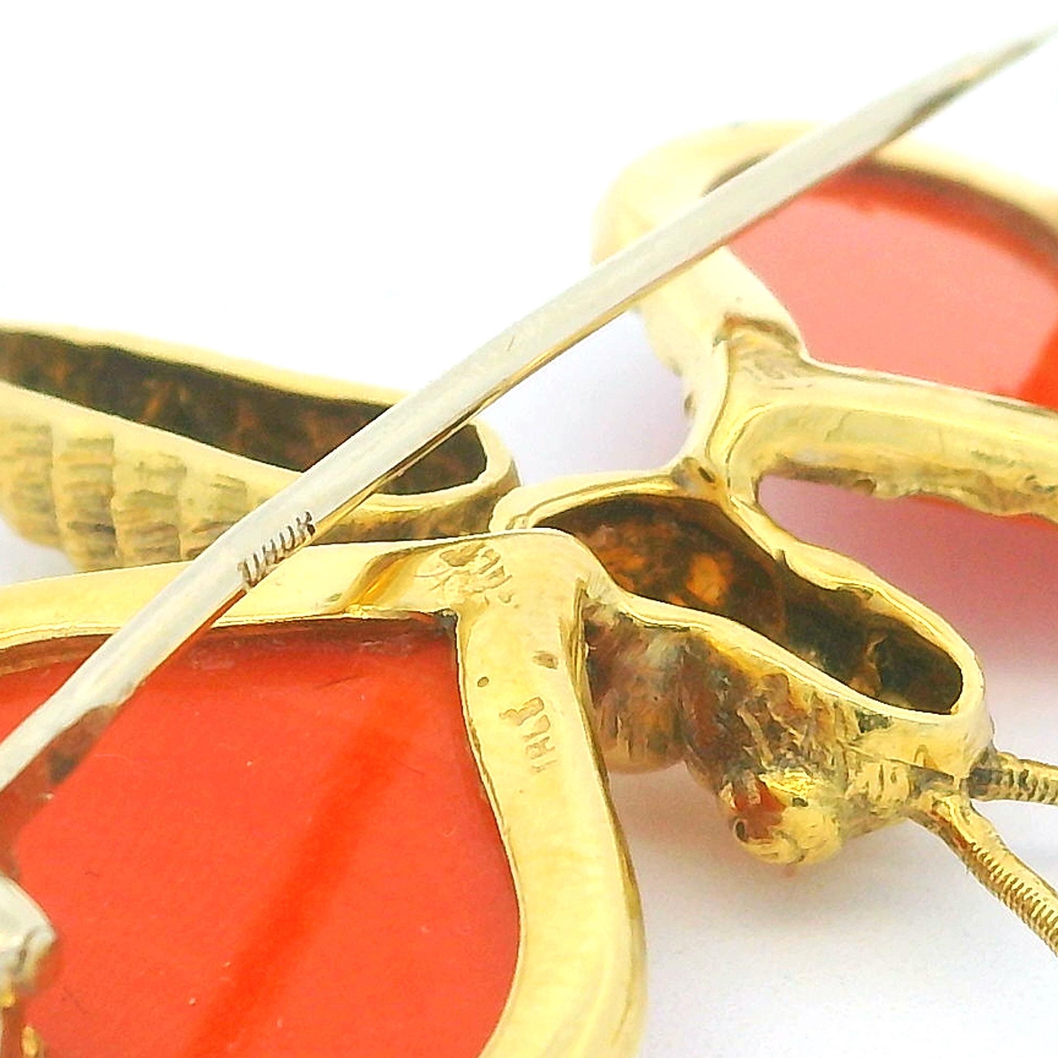 1960 Italienische 18K Gold Korallen Schmetterling Brosche - Herzförmige Flügel - 10.18g im Angebot 3