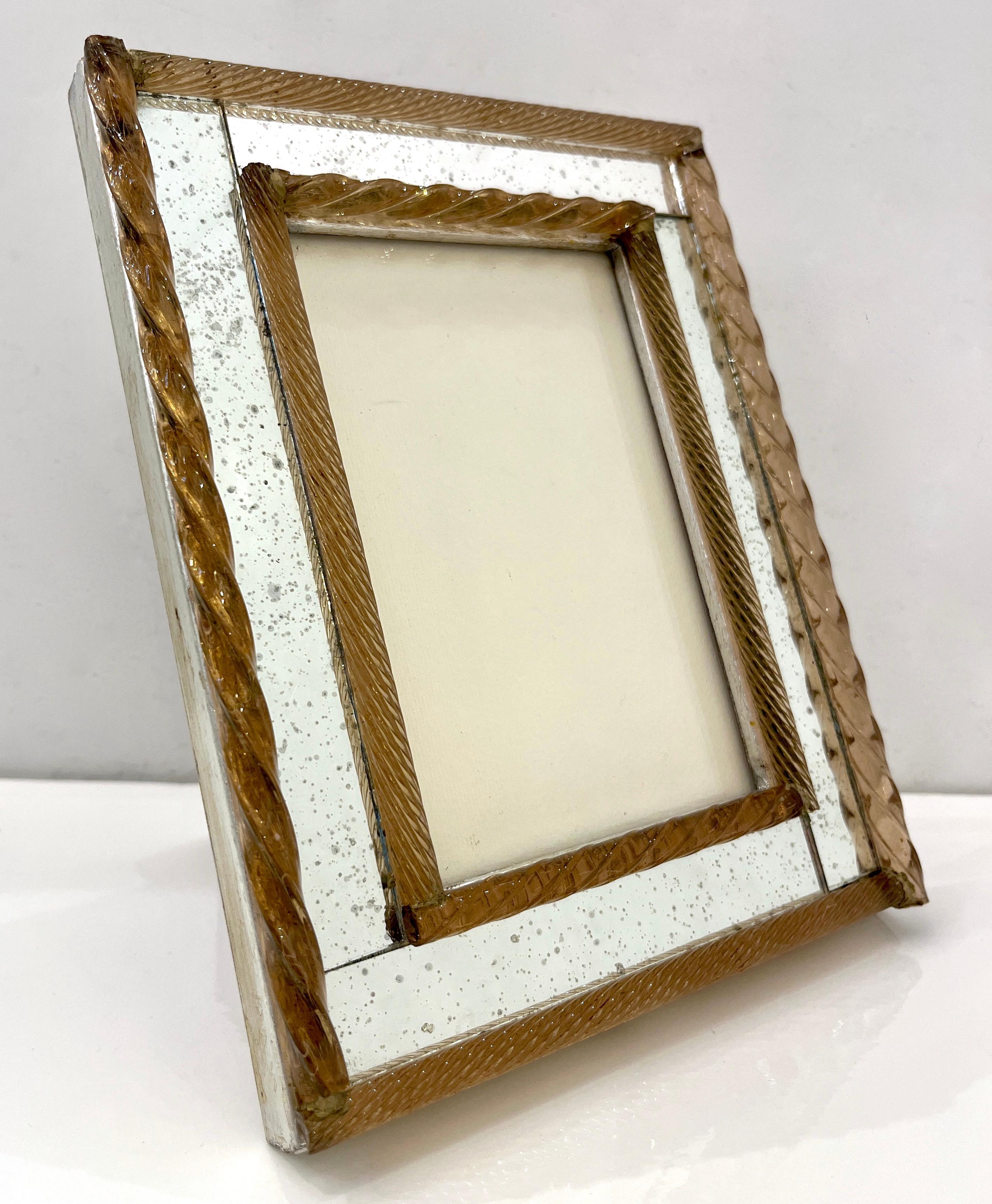 1960 Italian Vintage MIrror & Amber Twisted Murano Glass Silvered Photo Frame 3