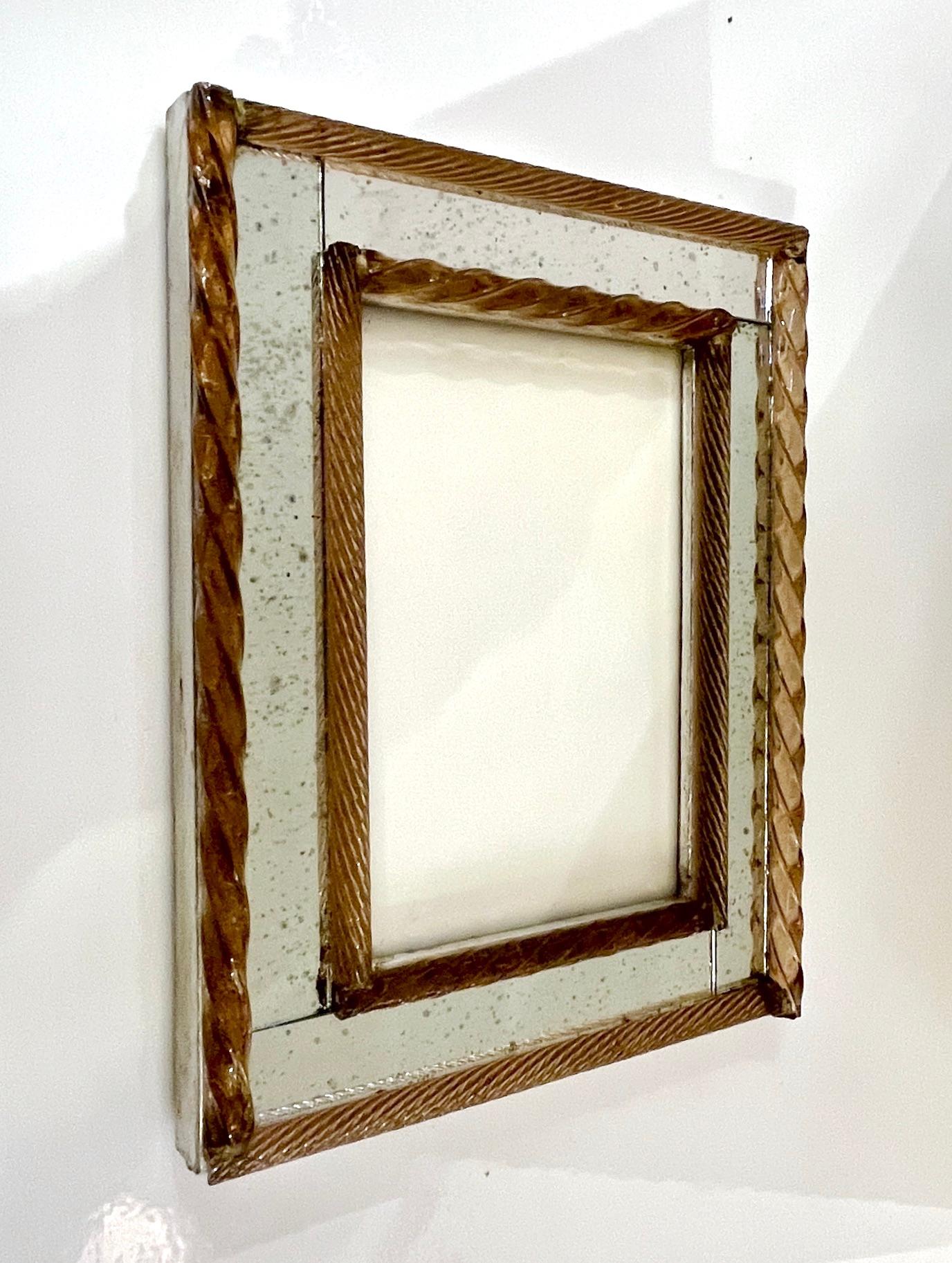 1960 Italian Vintage MIrror & Amber Twisted Murano Glass Silvered Photo Frame 6