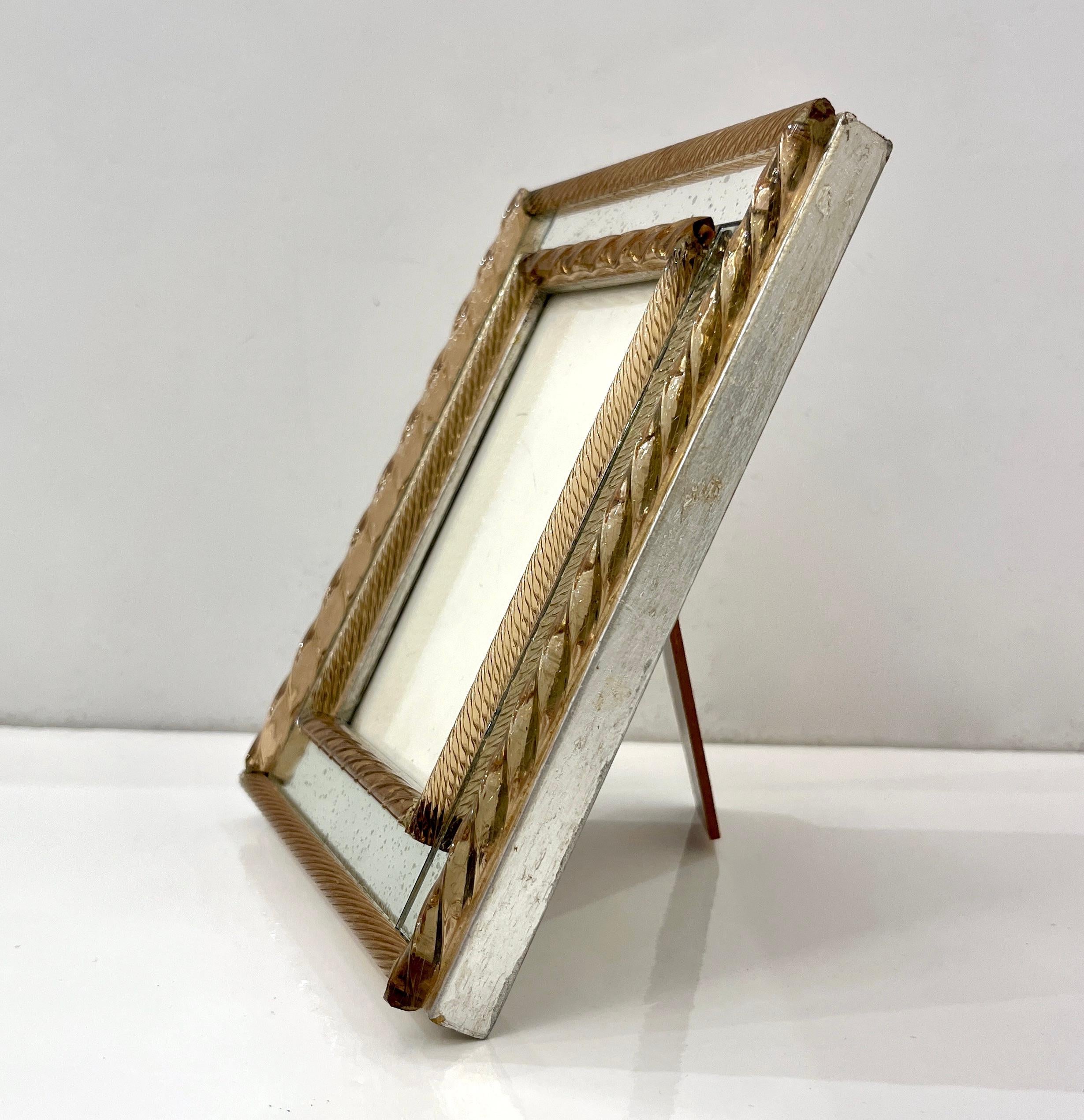1960 Italian Vintage MIrror & Amber Twisted Murano Glass Silvered Photo Frame In Good Condition In New York, NY