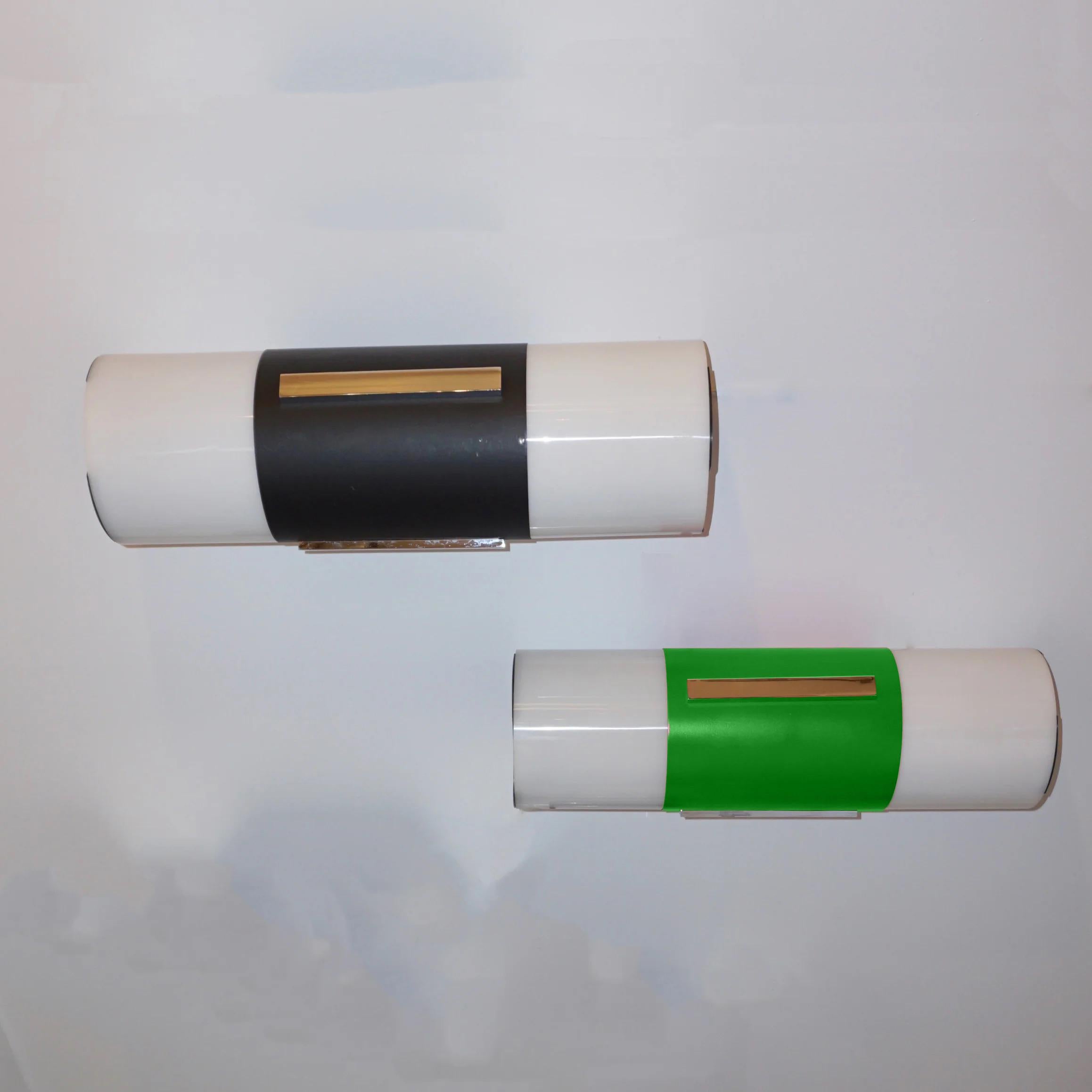 Minimalist 1960 Italian Pair of 2 Black / 2 Forest Green & White Tall Ceiling / Wall Lights For Sale
