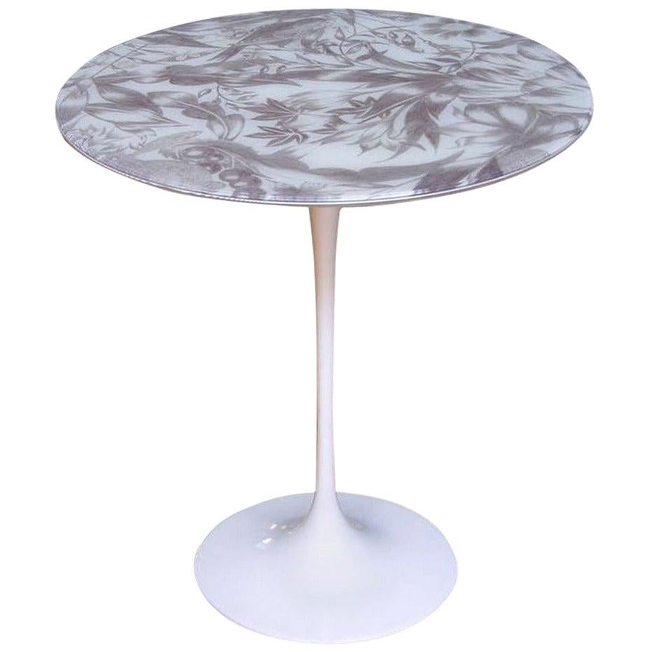 1960 Italian White Round Tulip Table with Laminated Gray Hand Painted Fabric Top