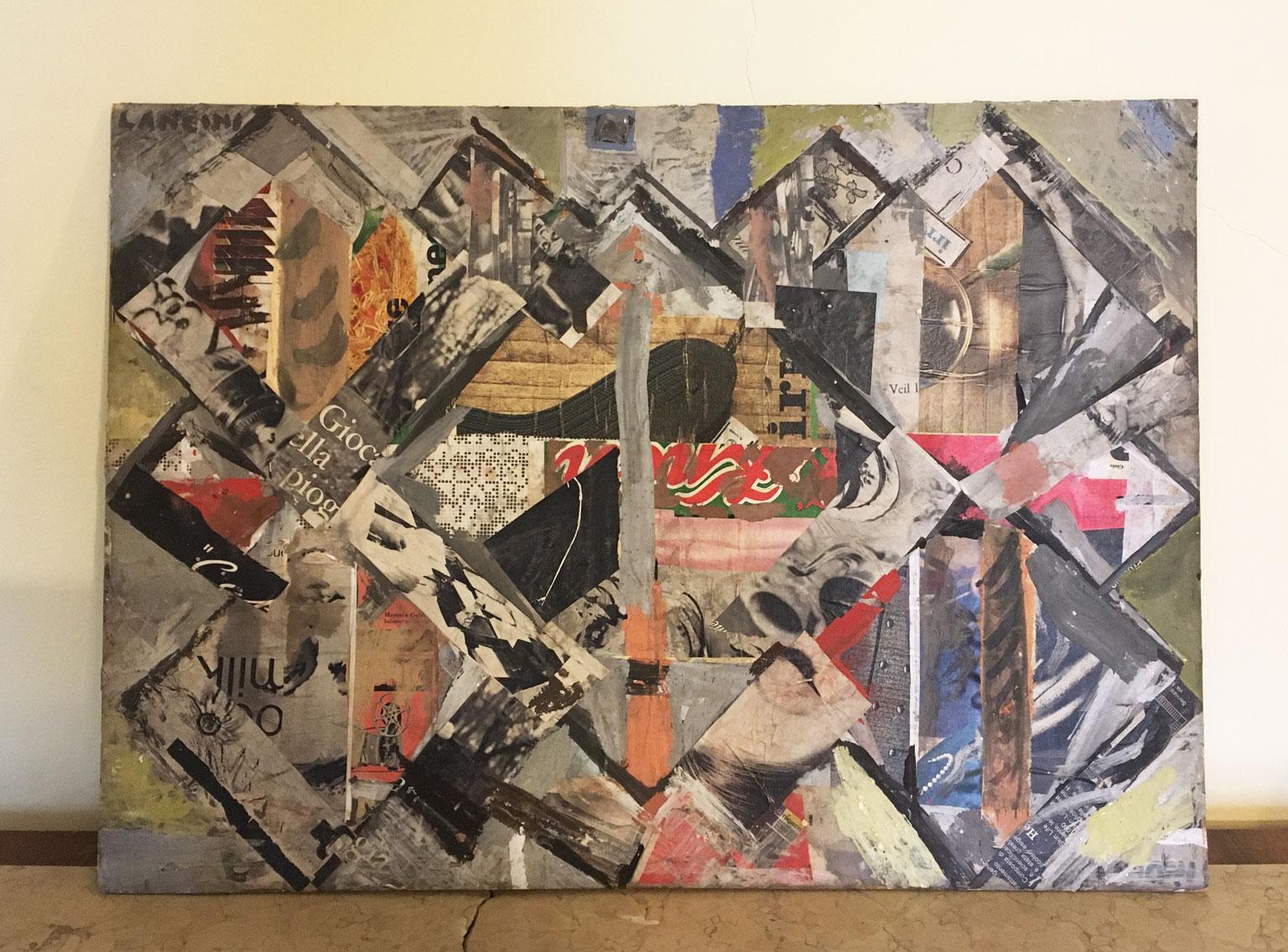 This stunning abstract artwork was made in 1960, by the well known Italian artist Ermete Lancini.
The artwork is a painting and a collage with newspaper sheet and other paper glued elements on the surface.
In effect it can be considered a Pop art