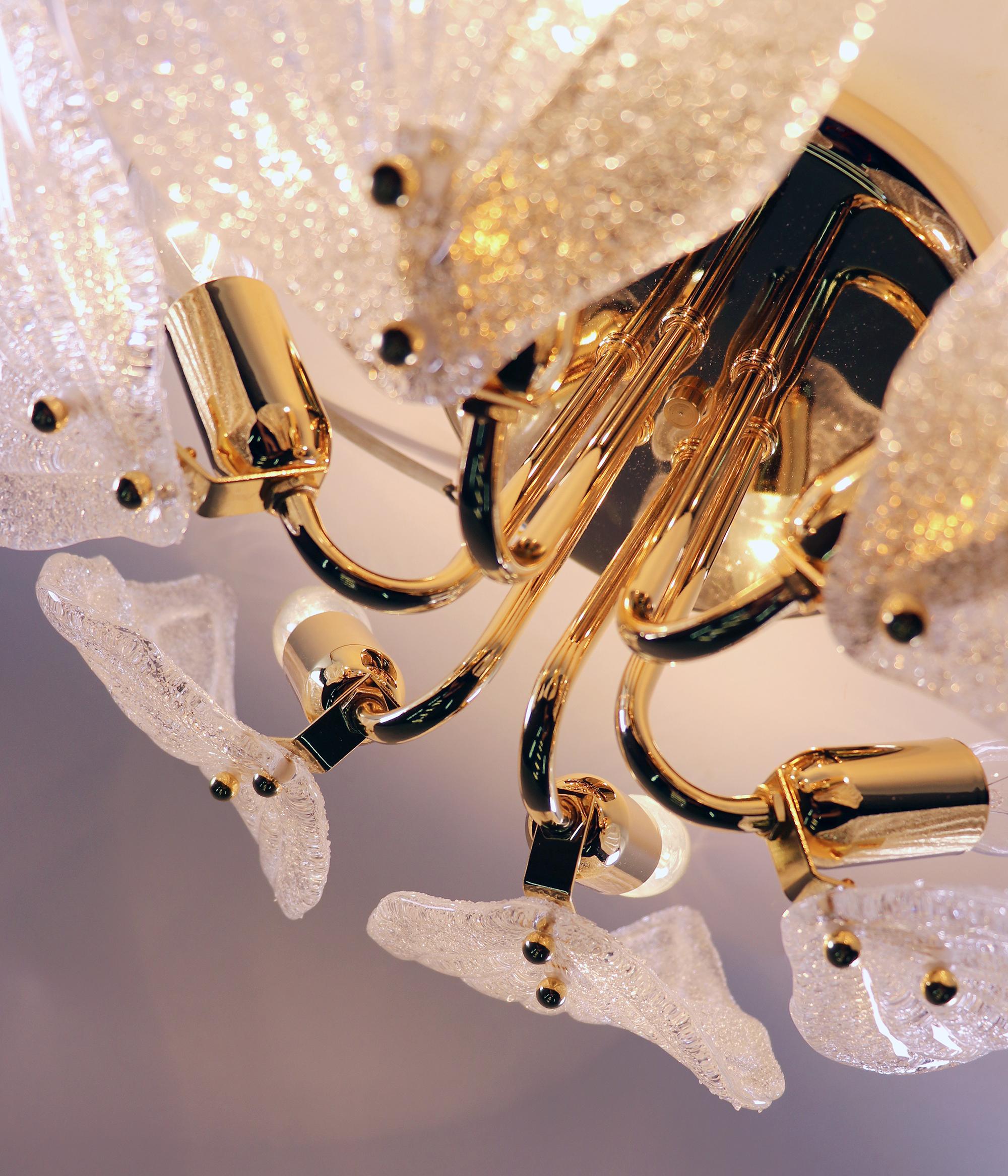 Italian 1960 Italy Novaresi 'Leaf' Flush Mount Ceiling Light Murano Glass & Gilt-Brass For Sale