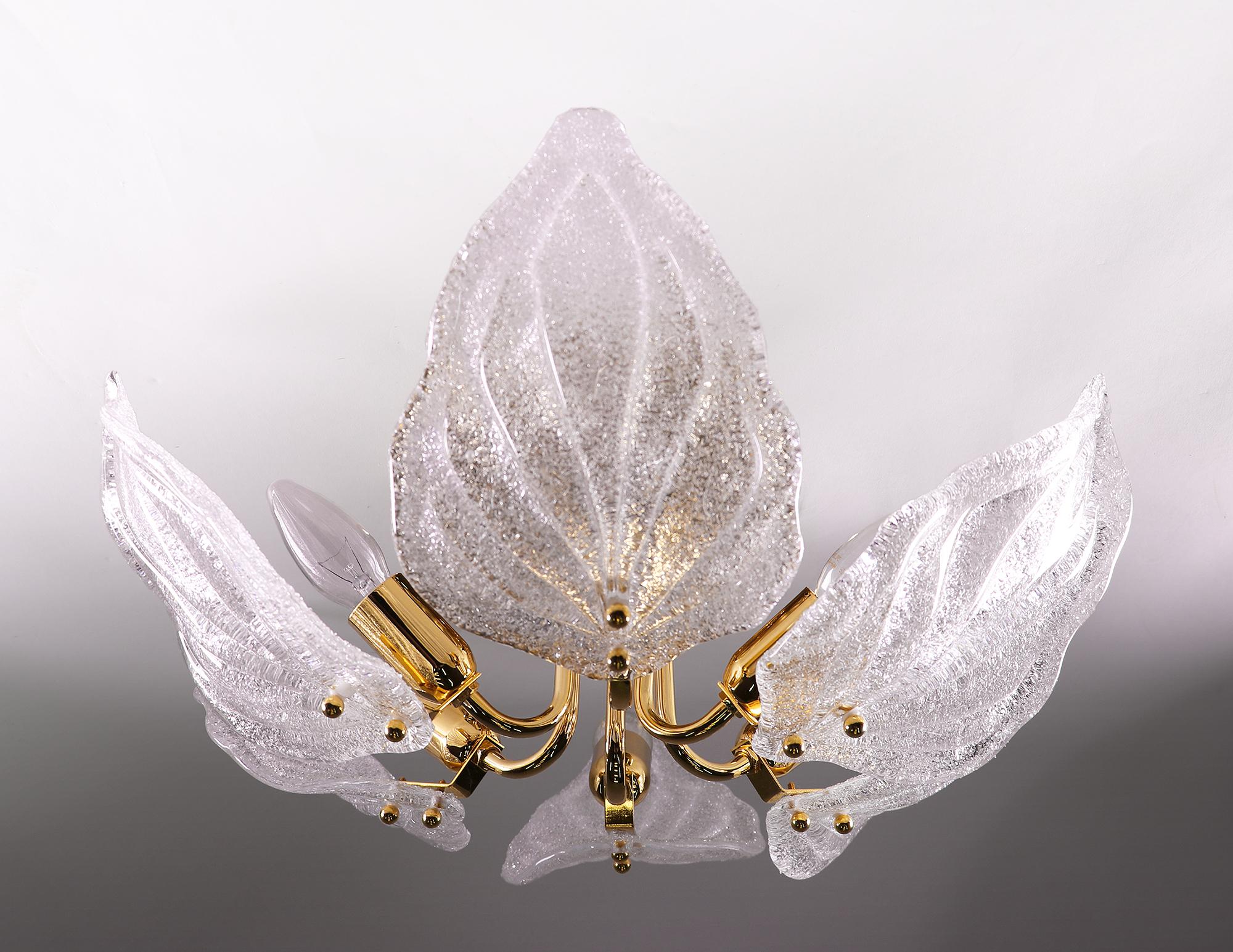 Gold Plate 1 'of 2' Leaf Flush Mount Chandelier Murano Glass & Brass by Novaresi Italy 1970 For Sale