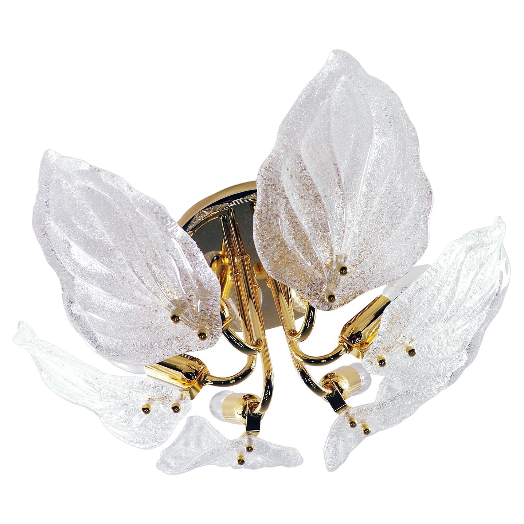 1960 Italie Novaresi 'Leaf' Flush Mount Ceiling Light Murano Glass & Gilt-Brass