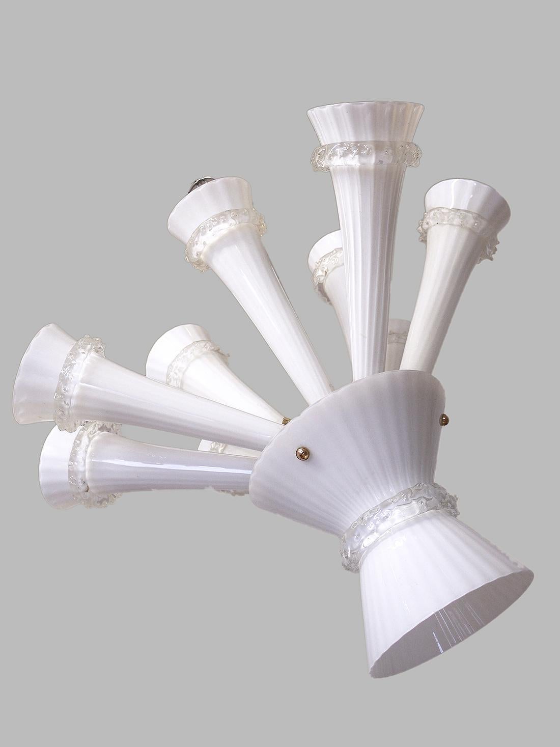 Venini Trumpet Chandelier Opaline Murano Glass & Brass, Italy 1960 For Sale 2