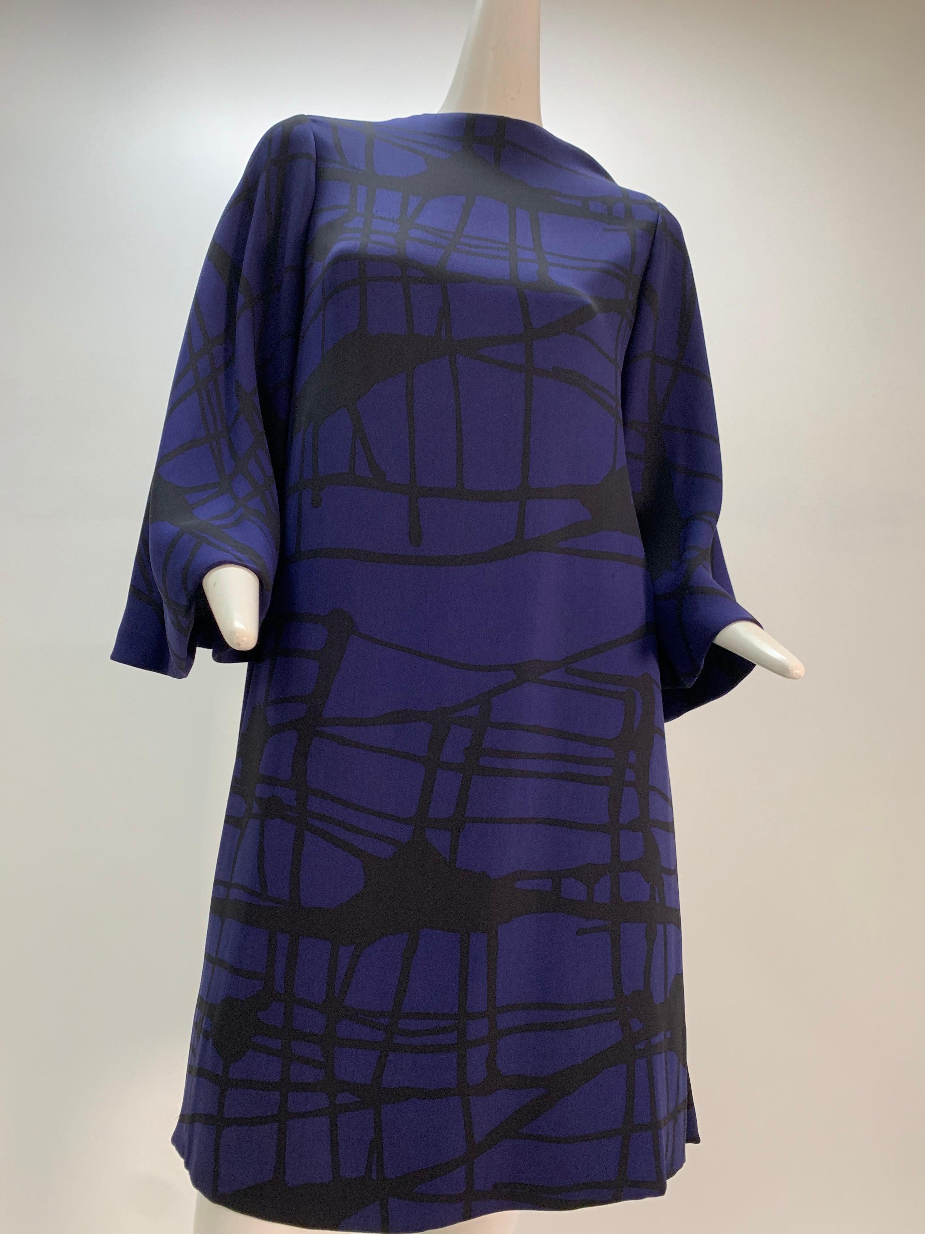 Women's 1960 James Galanos Silk Crepe Cobalt & Black Bold Print Side Slit Tunic Dress