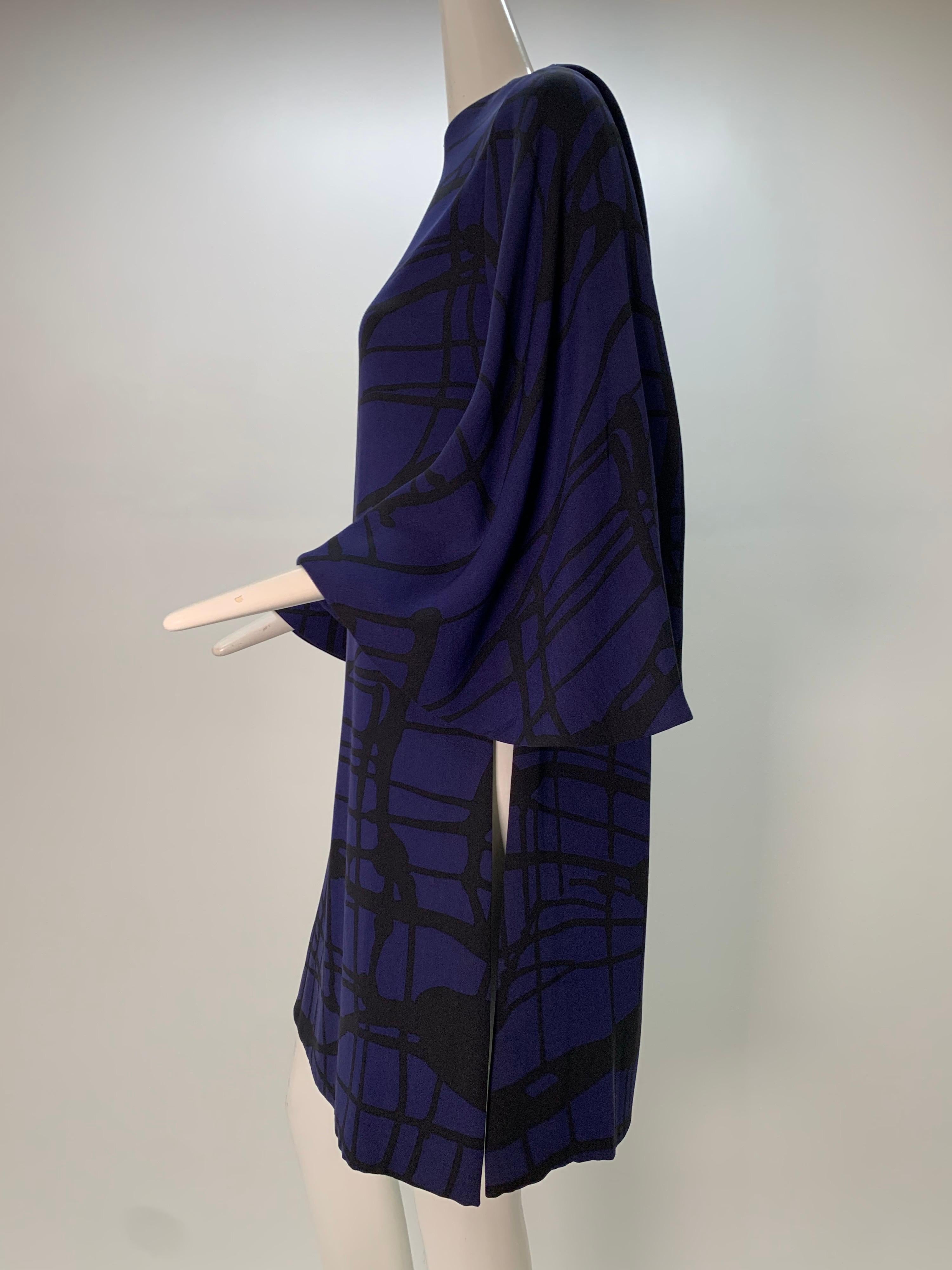 1960 James Galanos Silk Crepe Cobalt & Black Bold Print Side Slit Tunic Dress 2