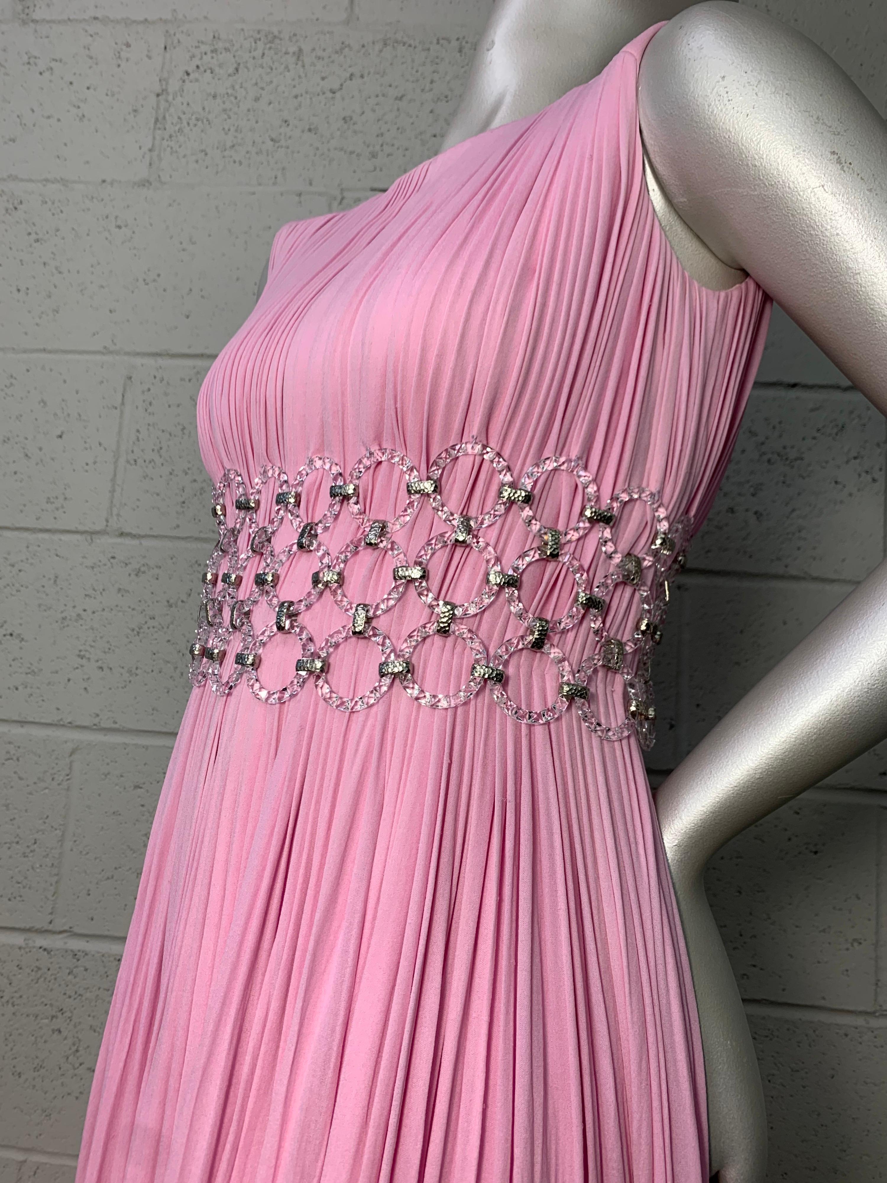 1960 Jean-Louis Peony Pink Silk Sleeveless Goddess Gown w/ Lucite Mesh Waist 3
