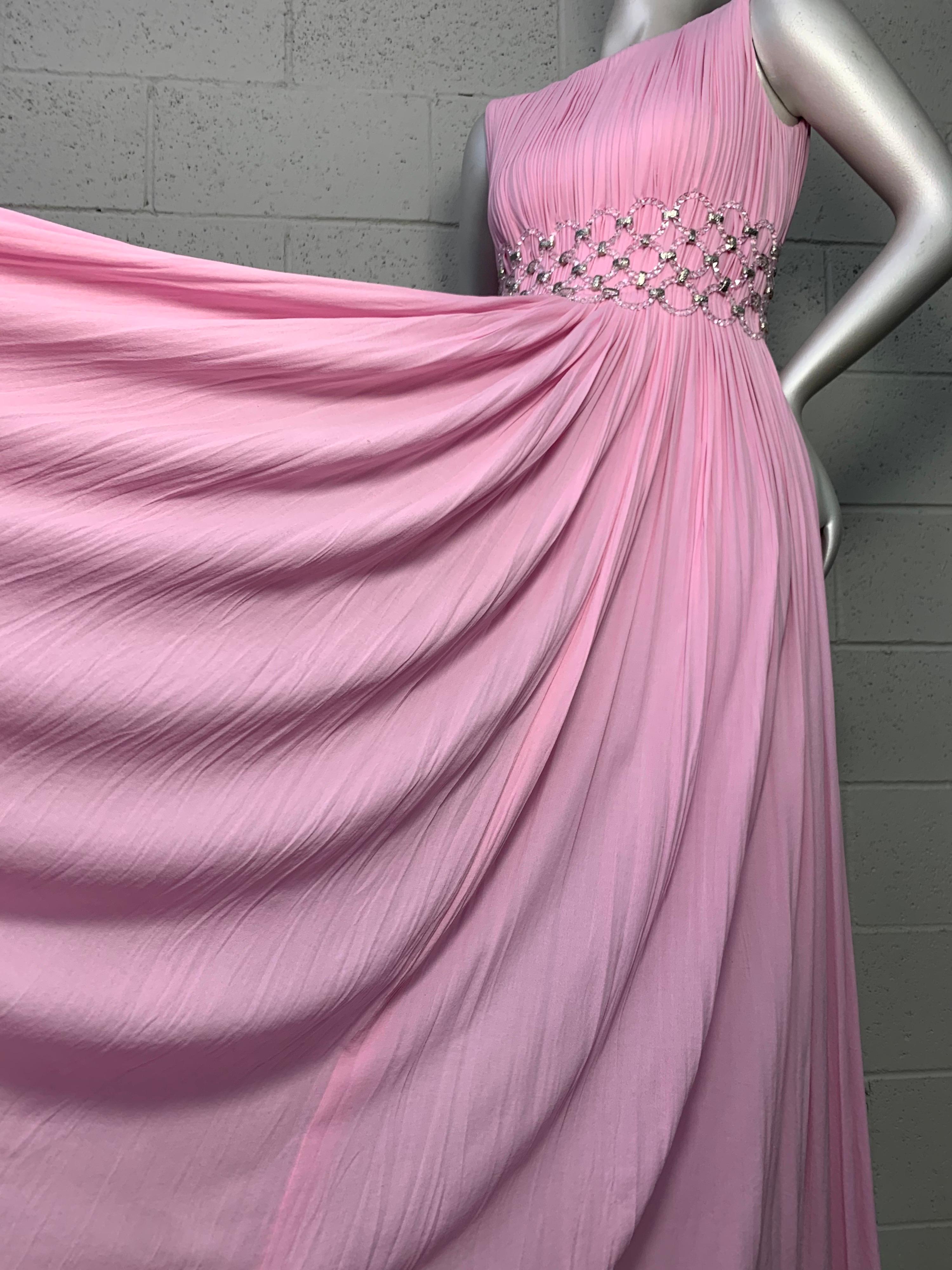 1960 Jean-Louis Peony Pink Silk Sleeveless Goddess Gown w/ Lucite Mesh Waist 4