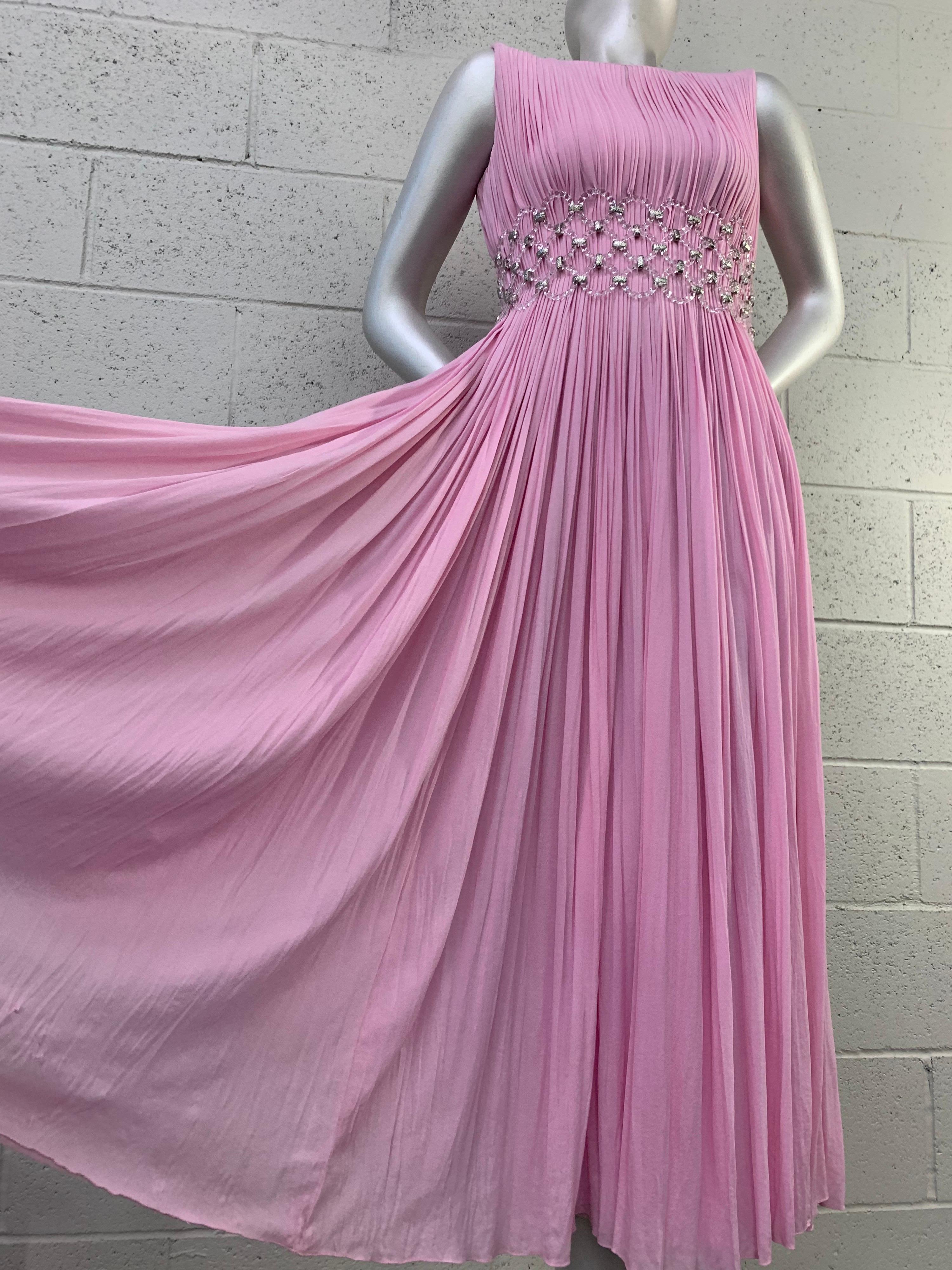 1960 Jean-Louis Peony Pink Silk Sleeveless Goddess Gown w/ Lucite Mesh Waist 6