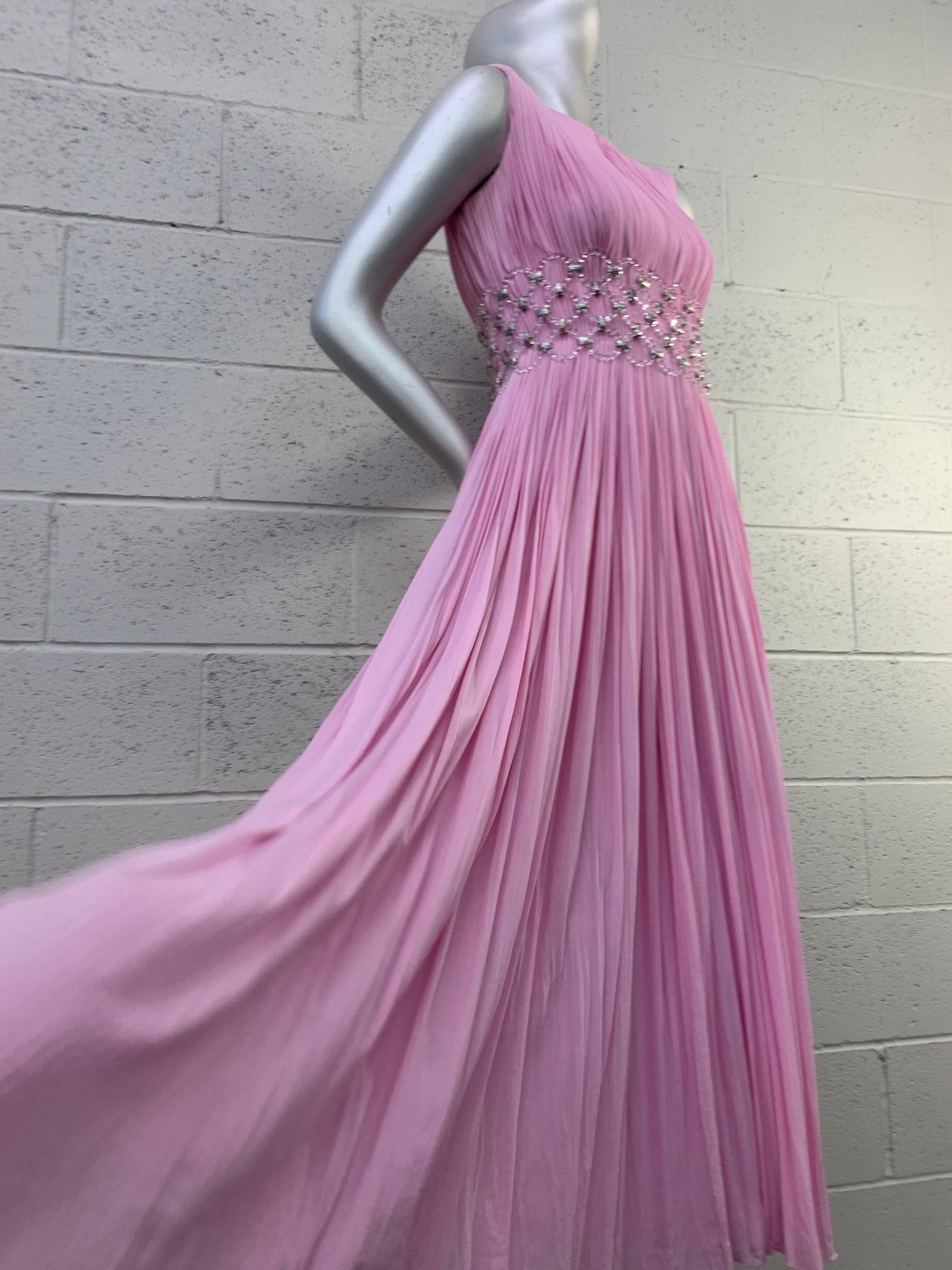 1960 Jean-Louis Peony Pink Silk Sleeveless Goddess Gown w/ Lucite Mesh Waist 7
